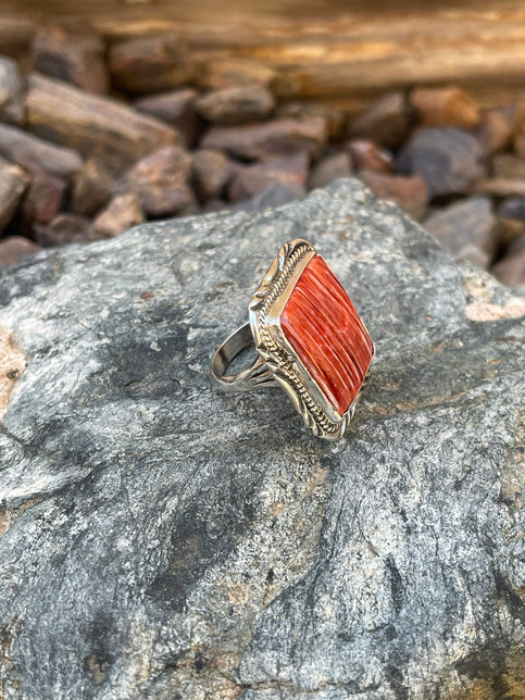 Handmade Sterling Silver Square Cut Red Spiny Oyster Ring with Stamp Trim - Size 7 1/2