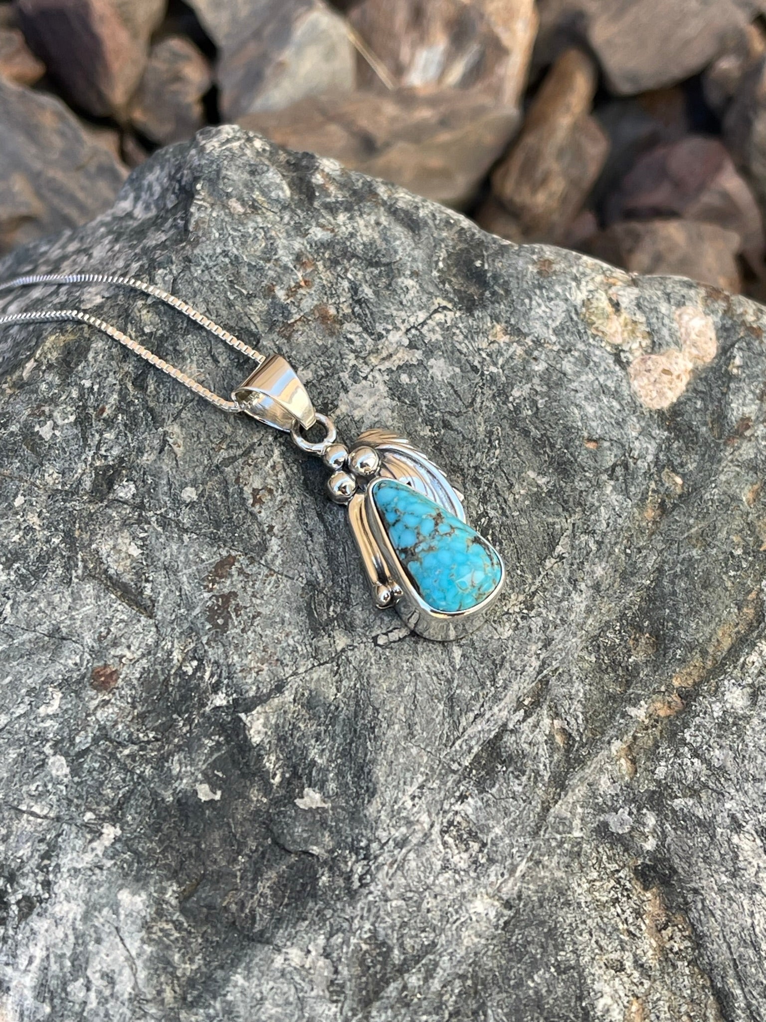 Handmade Sterling Silver Blue Kingman Turquoise Necklace with Feather Detail