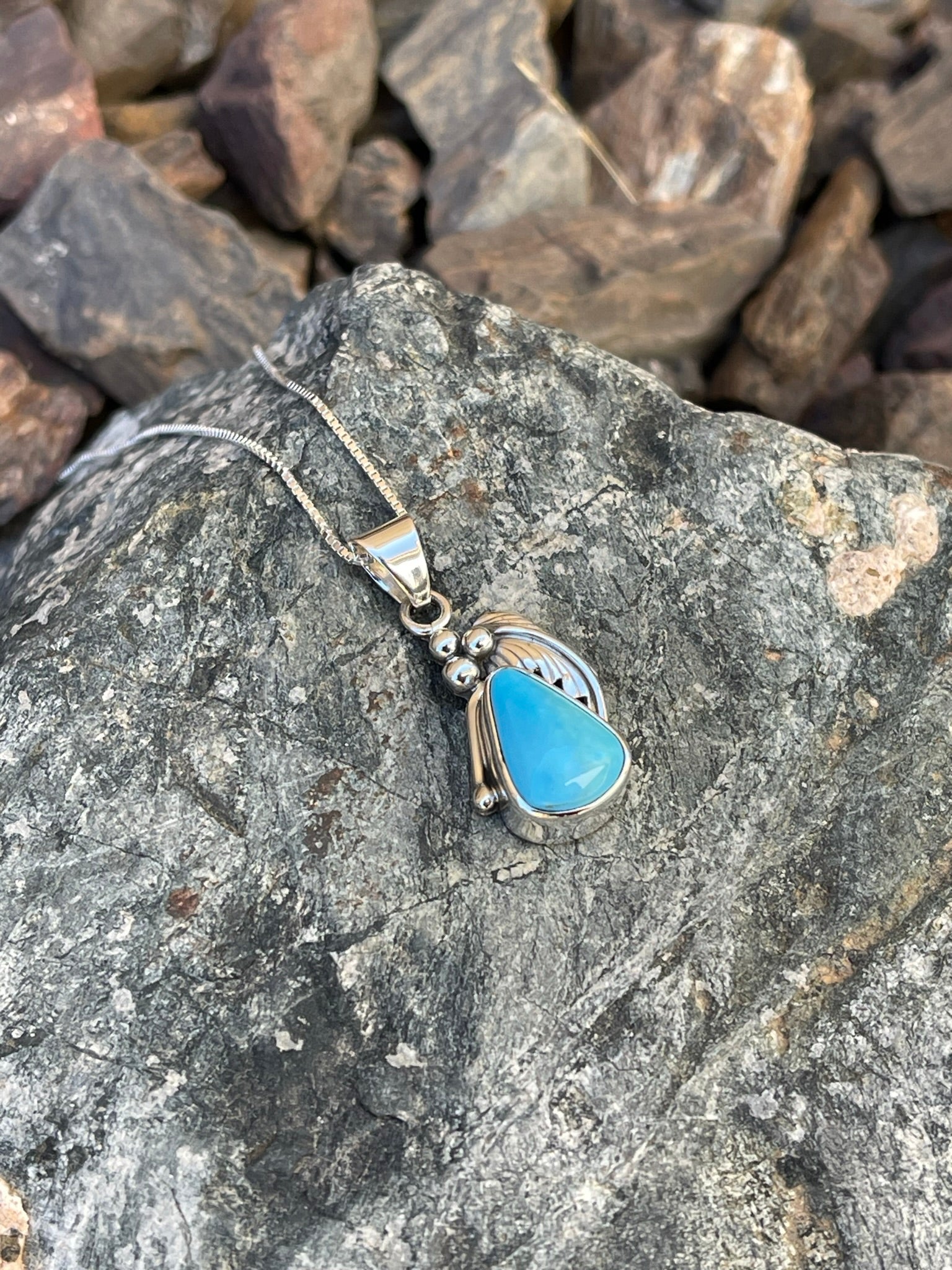 Handmade Sterling Silver Turquoise Necklace with Feather Detail