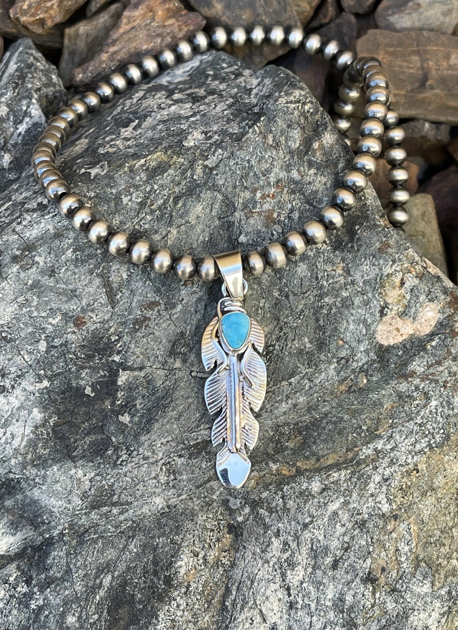 Small Handmade Sterling Silver Turquoise Mountain Turquoise Feather Pendant