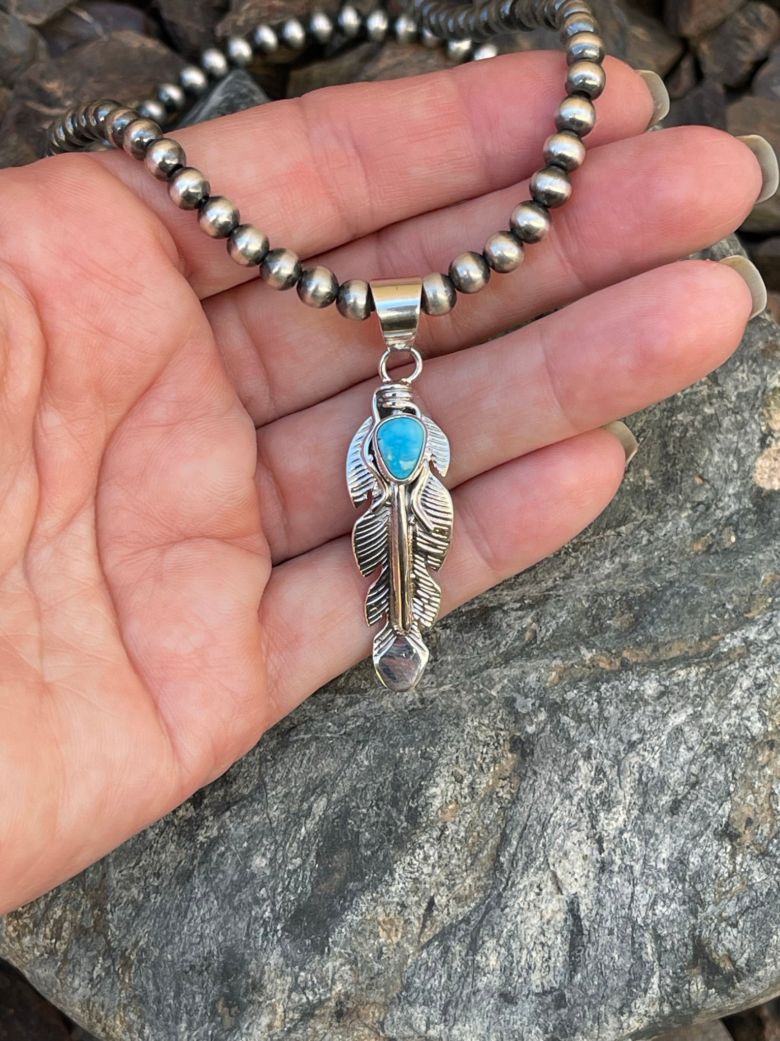 Small Handmade Sterling Silver Turquoise Mountain Turquoise Feather Pendant
