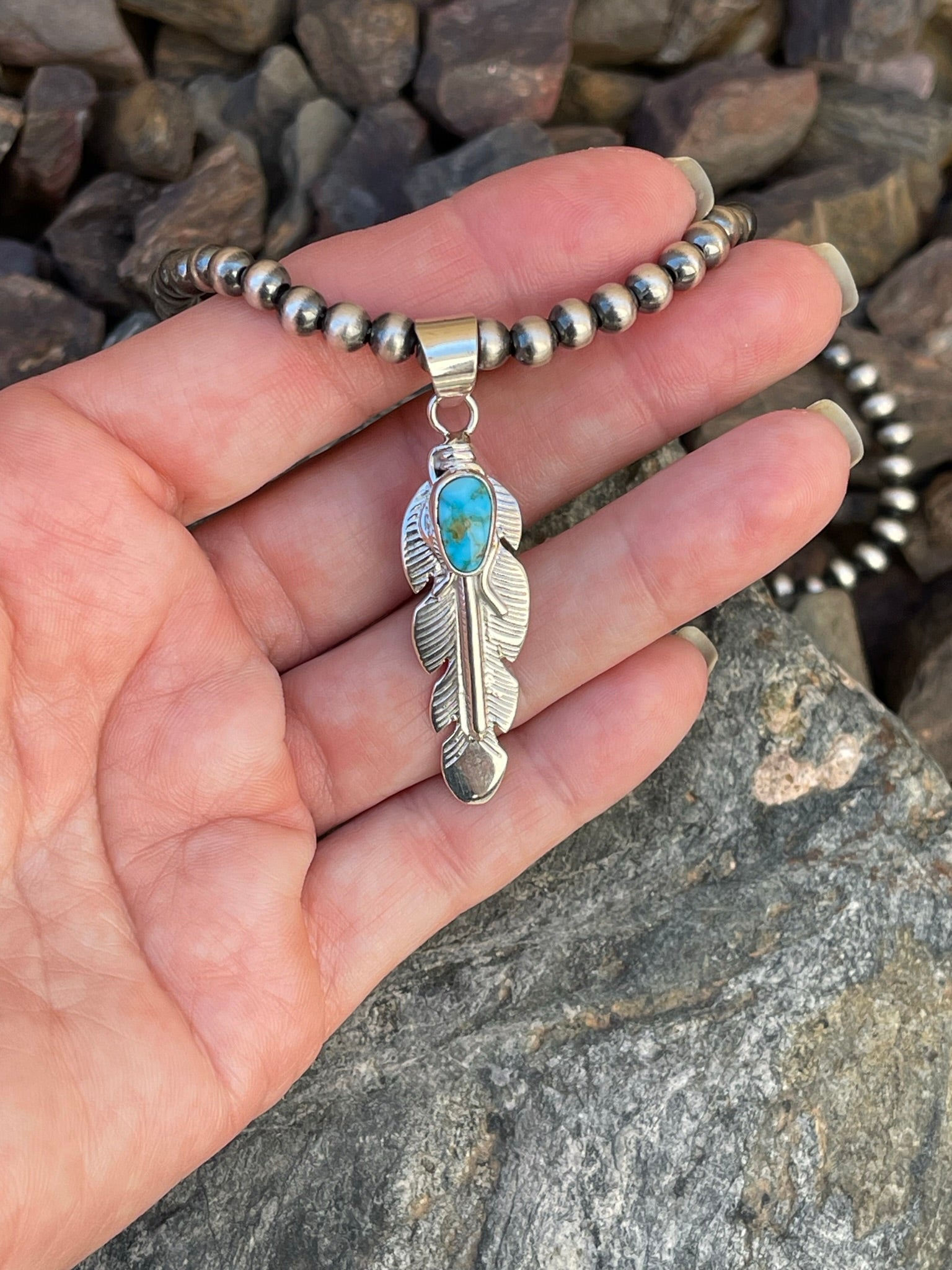 Handmade Sterling Silver Turquoise Mountain Turquoise Feather Pendant