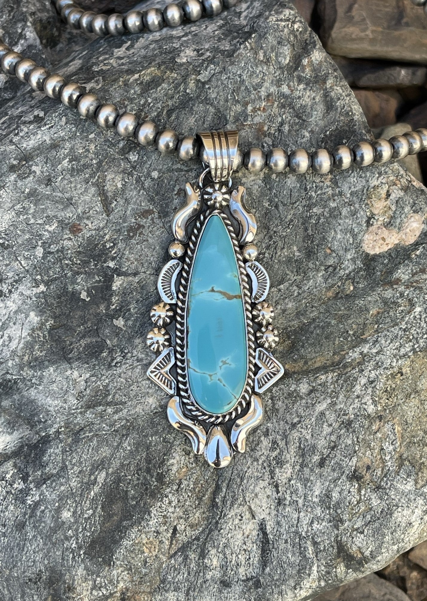 Long Handmade Solid Sterling Silver Kingman Turquoise Pendant with Bead Detail