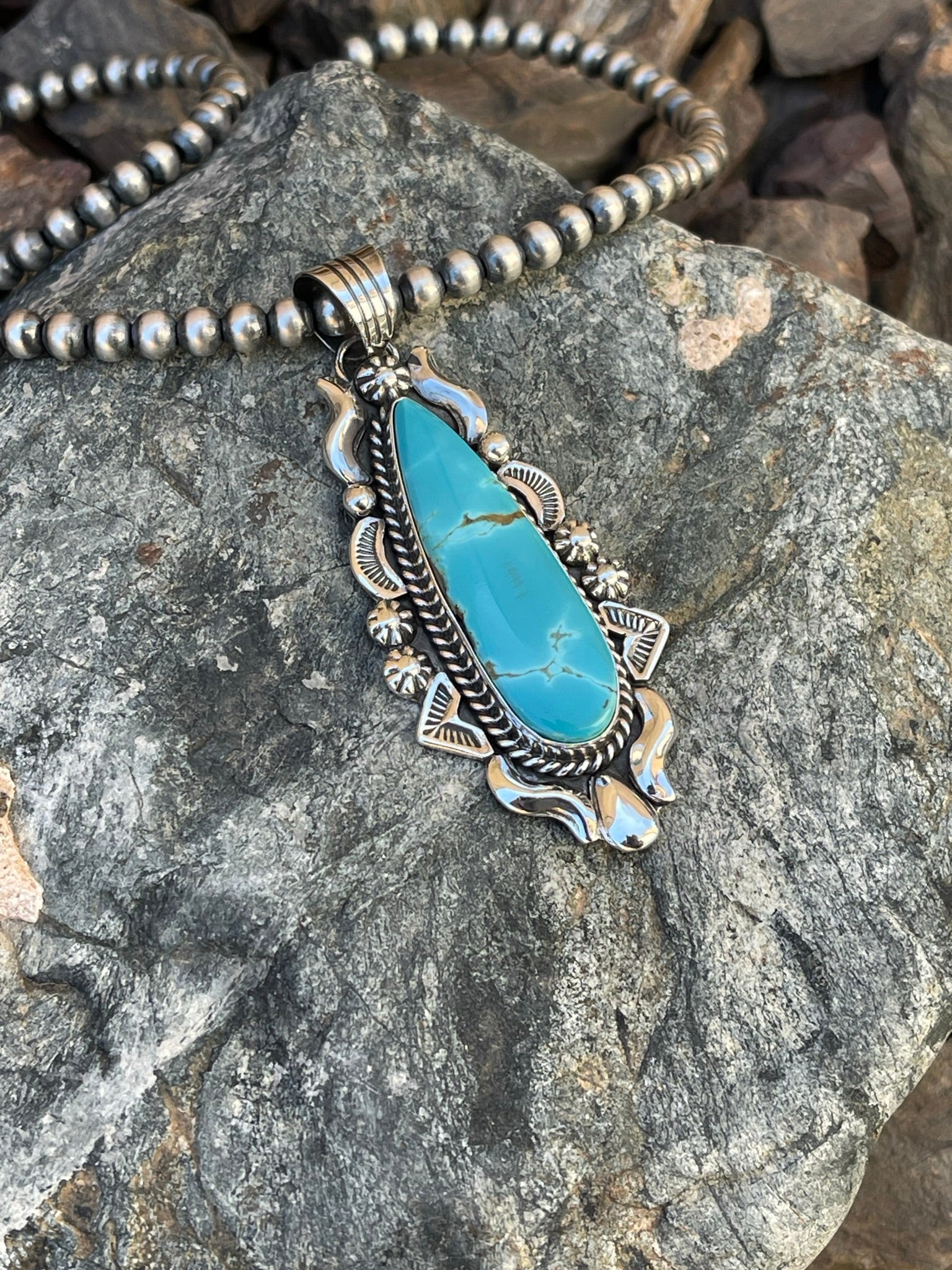 Long Handmade Solid Sterling Silver Kingman Turquoise Pendant with Bead Detail