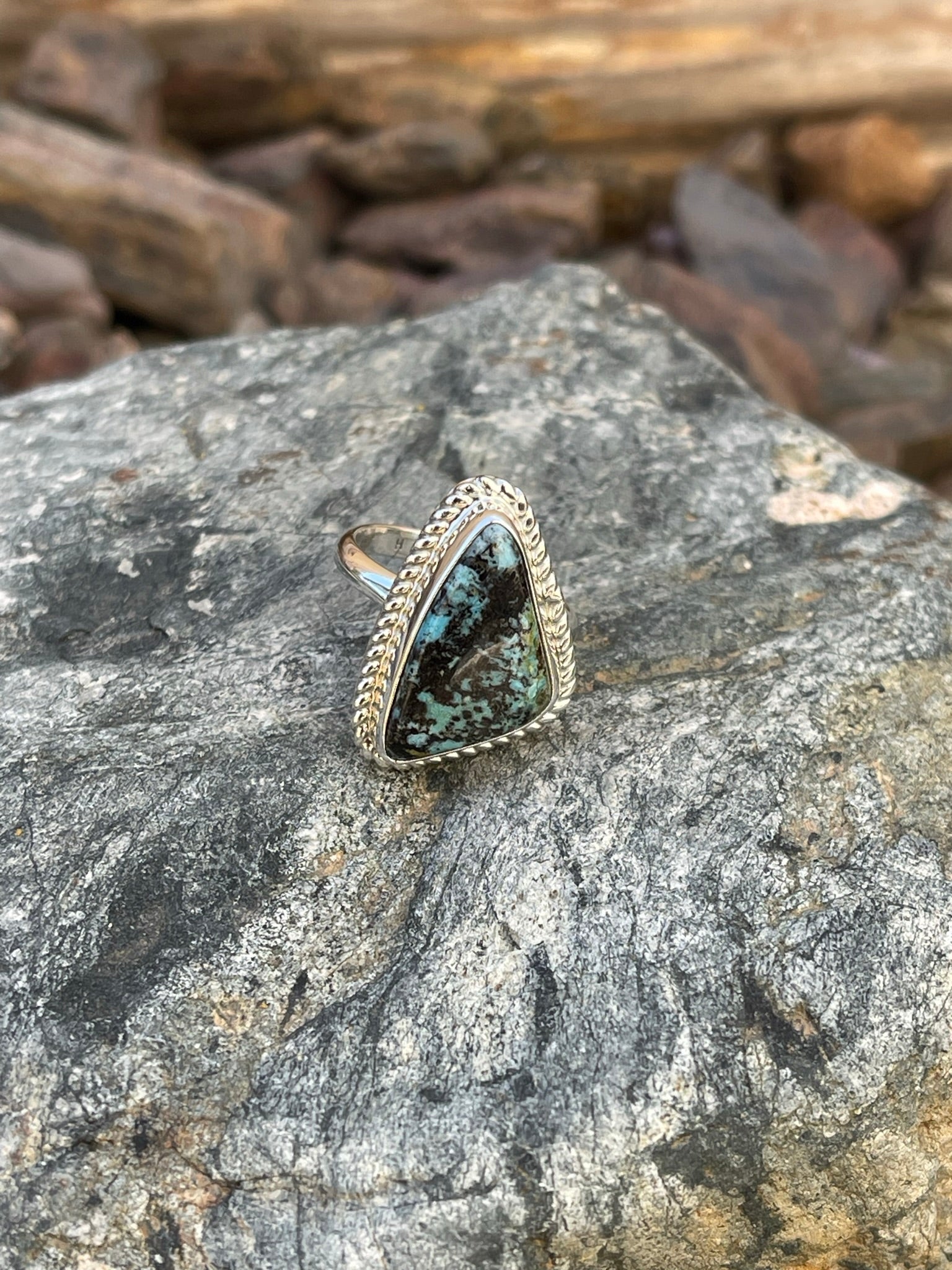 Handmade Sterling Silver Stormy Mountain Turquoise Ring with Twist Trim - Size 8