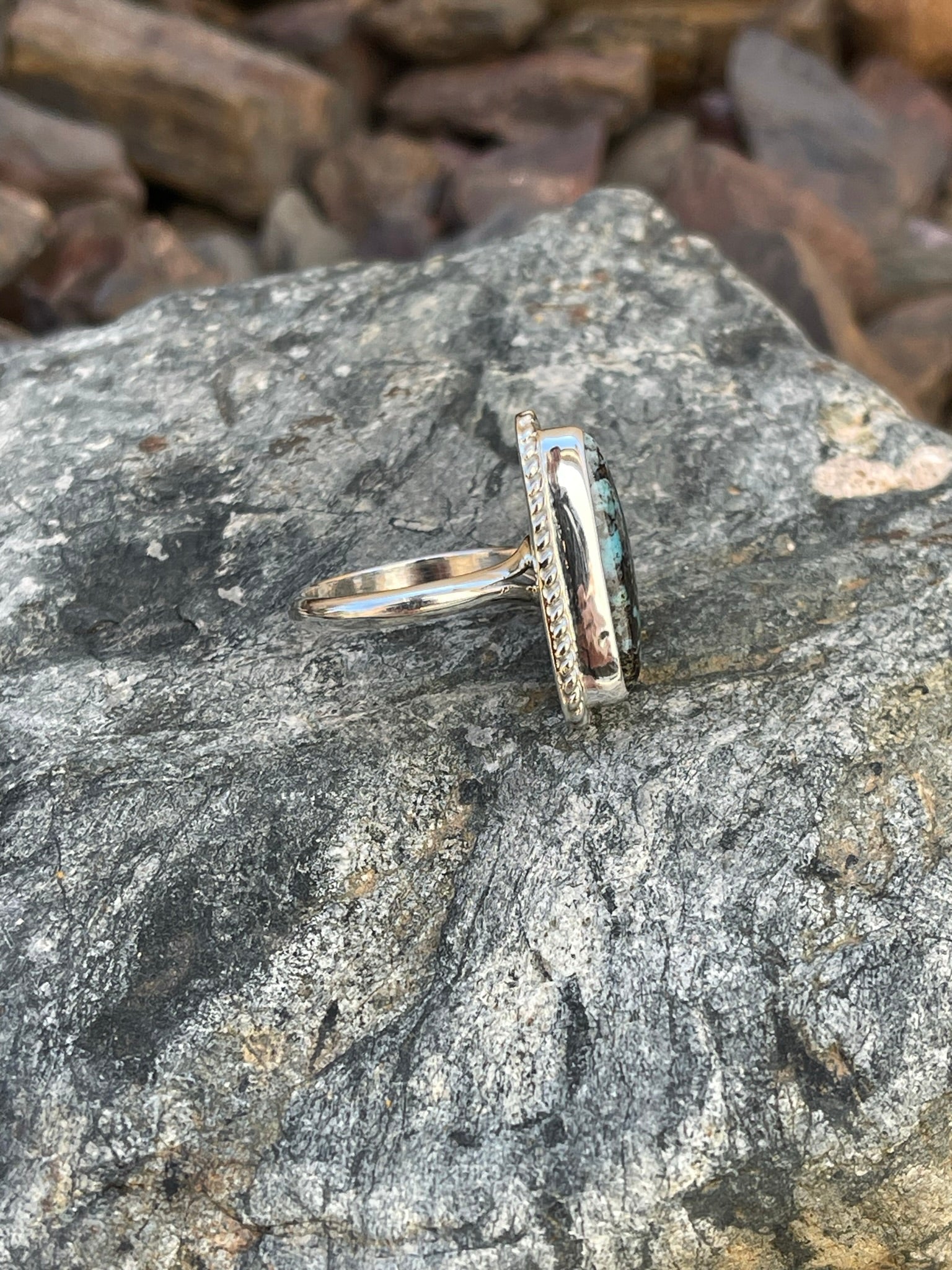 Handmade Sterling Silver Stormy Mountain Turquoise Ring with Twist Trim - Size 8