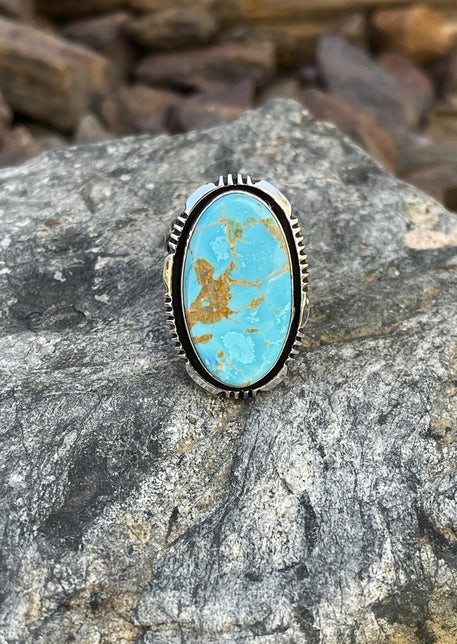 Signature Hand Crafted Sterling Silver Kingman Turquoise Ring with Shadow Box Trim - Size 7 1/2