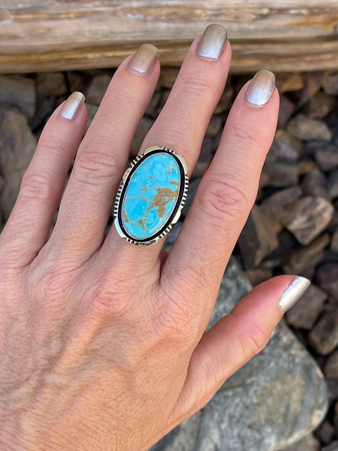 Signature Hand Crafted Sterling Silver Kingman Turquoise Ring with Shadow Box Trim - Size 7 1/2