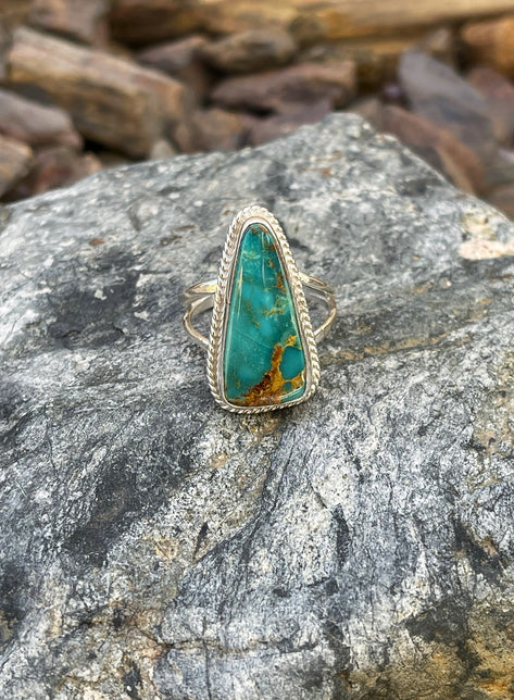 Handmade Solid Sterling Silver Teal Royston Turquoise Ring with Twist Trim - Size 10