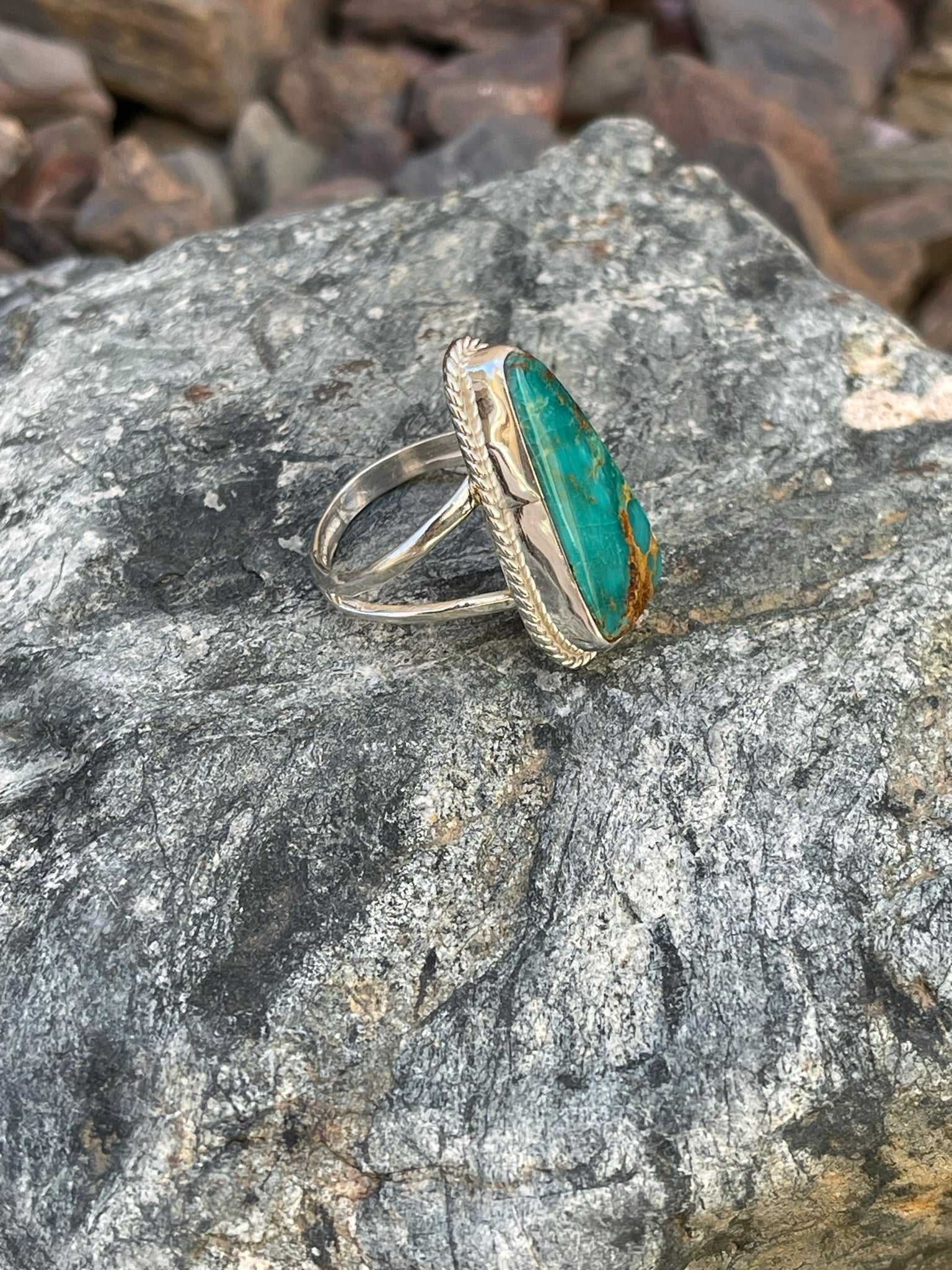 Handmade Solid Sterling Silver Teal Royston Turquoise Ring with Twist Trim - Size 10
