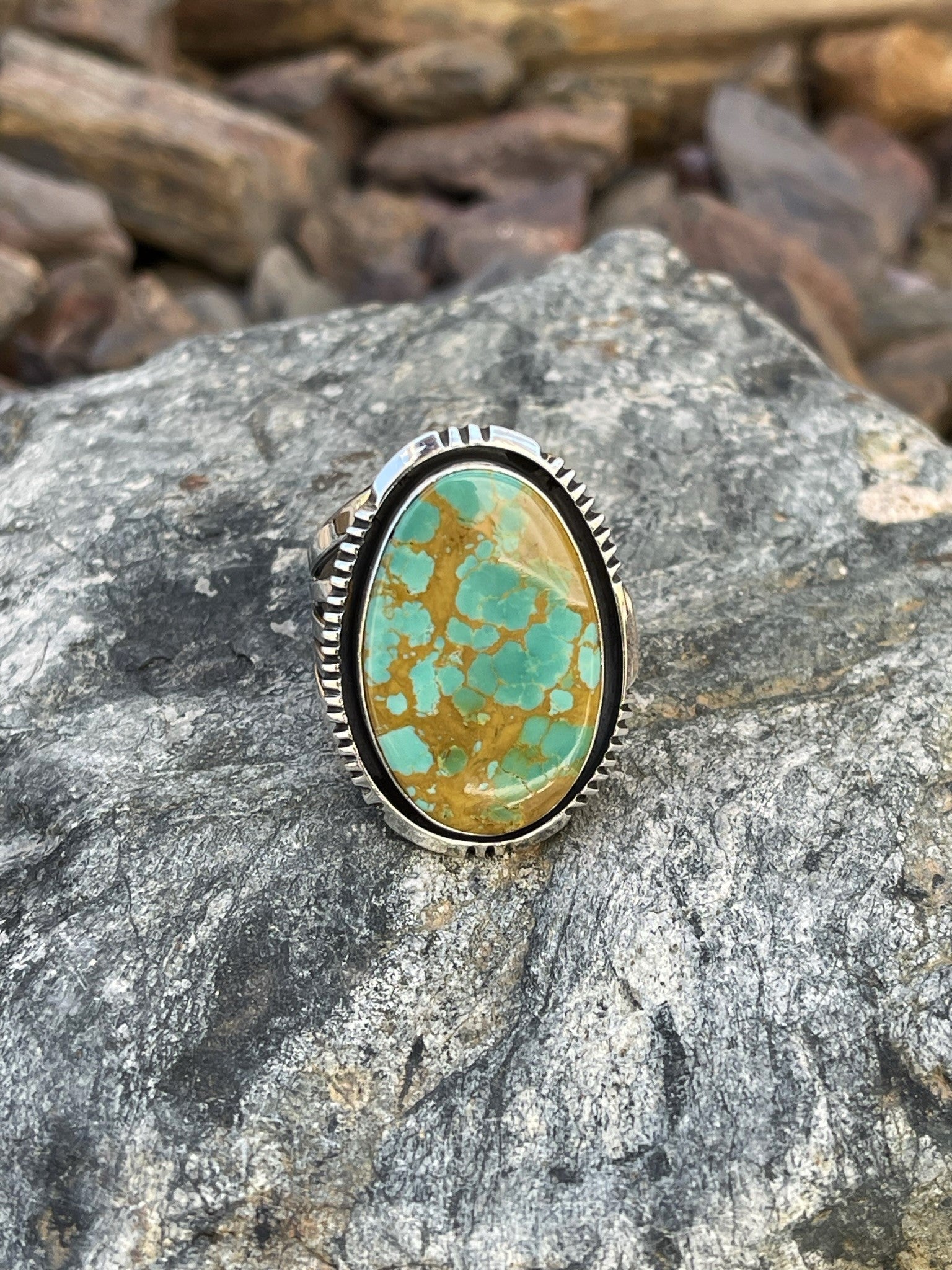 Signature Hand Crafted Sterling Silver Kingman Turquoise Ring with Five Prong Ring Shank - Size 9 1/2