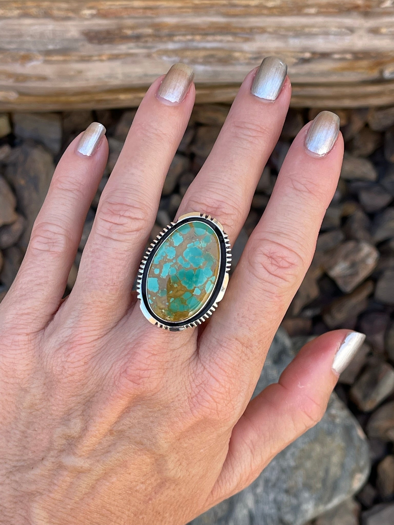 Signature Hand Crafted Sterling Silver Kingman Turquoise Ring with Five Prong Ring Shank - Size 9 1/2