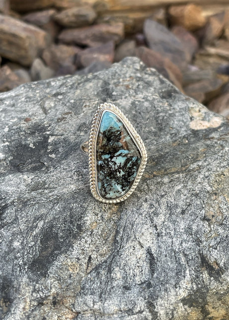 Handmade Sterling Silver Black and Blue Stormy Mountain Turquoise Ring - Size 9