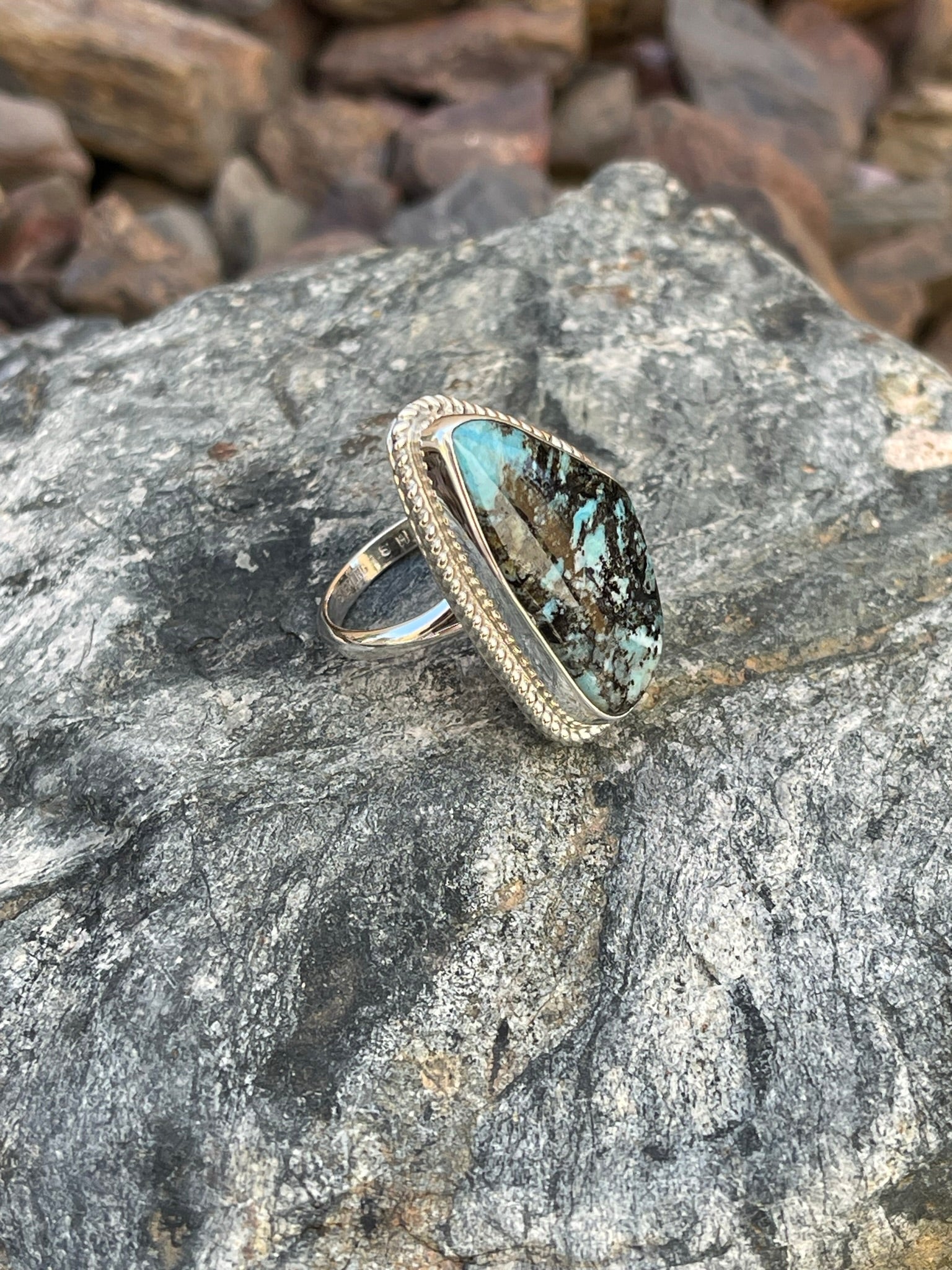 Handmade Sterling Silver Black and Blue Stormy Mountain Turquoise Ring - Size 9