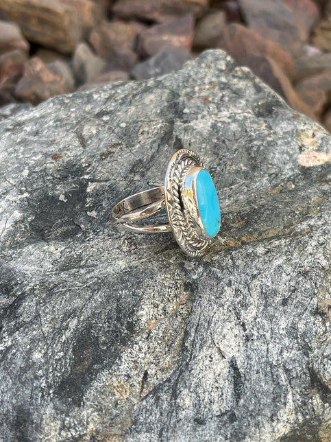 Handmade Sterling Silver Kingman Turquoise Ring with Stamp Trim - Size 6