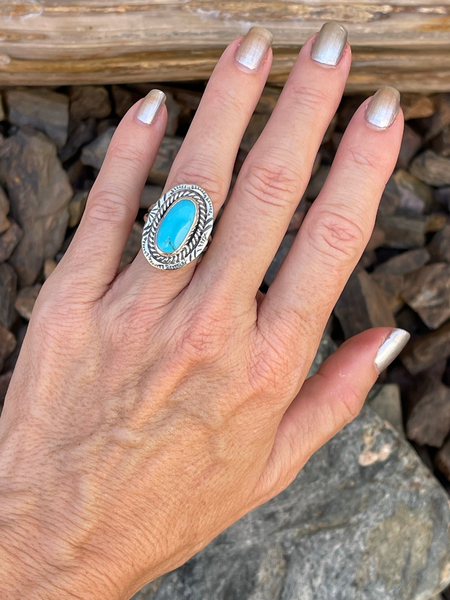 Handmade Sterling Silver Kingman Turquoise Ring with Stamp Trim - Size 6