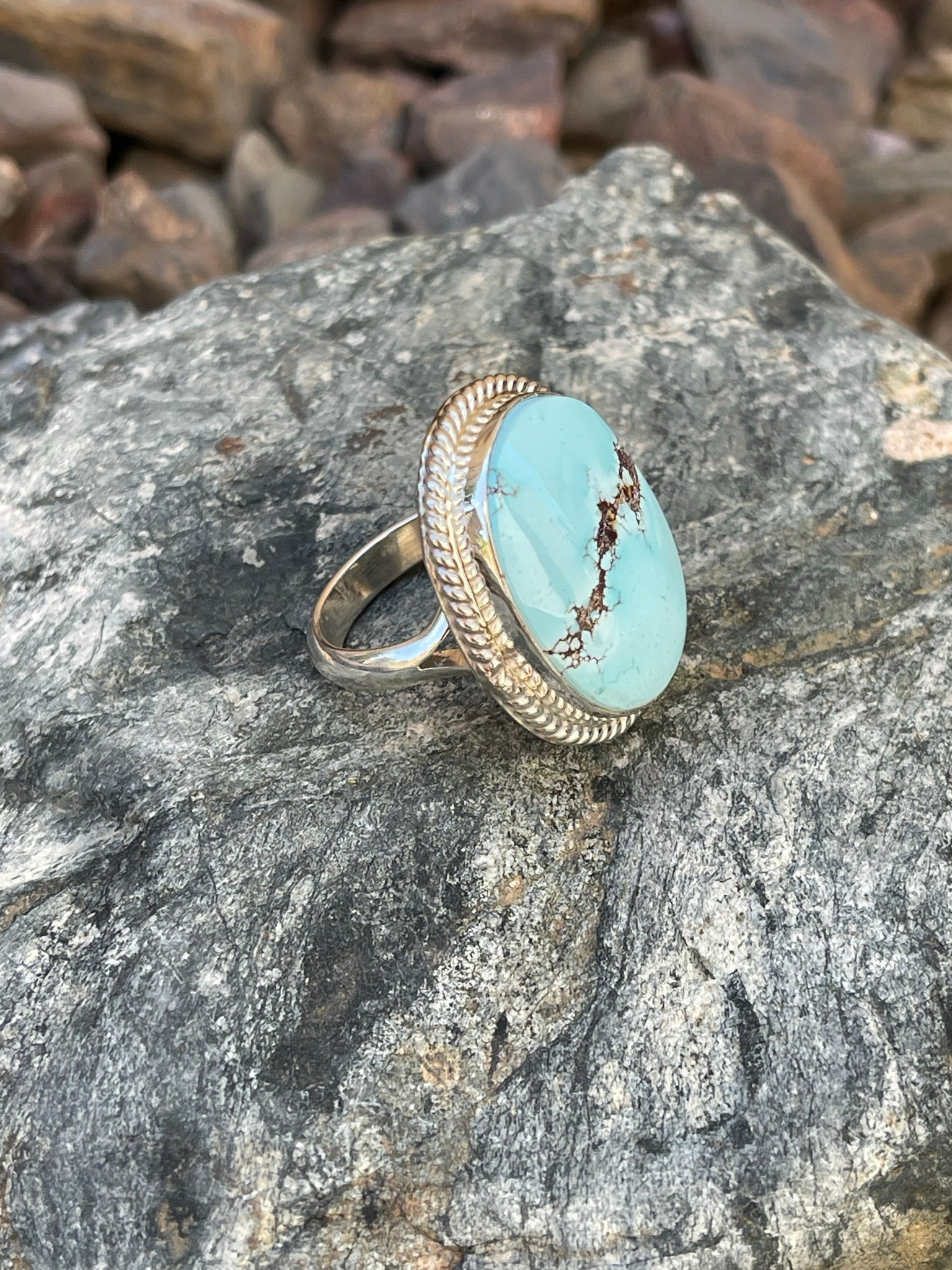 Handmade Solid Sterling Silver Golden Hill Turquoise Ring with Twist Trim - Size 9