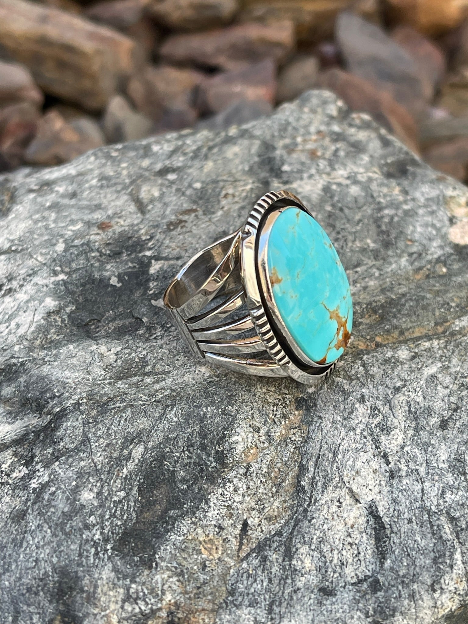 Signature Hand Crafted Sterling Silver Kingman Turquoise Five Prong Ring - Size 8 1/2