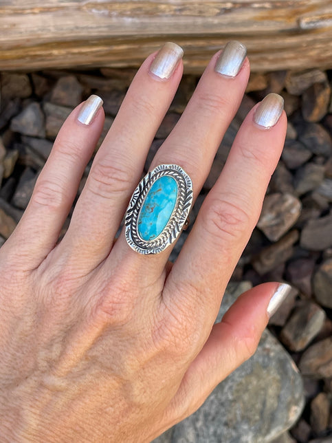 Hand Crafted Solid Sterling Silver Turquoise Ring with Stamp Trim - Size 7 1/2