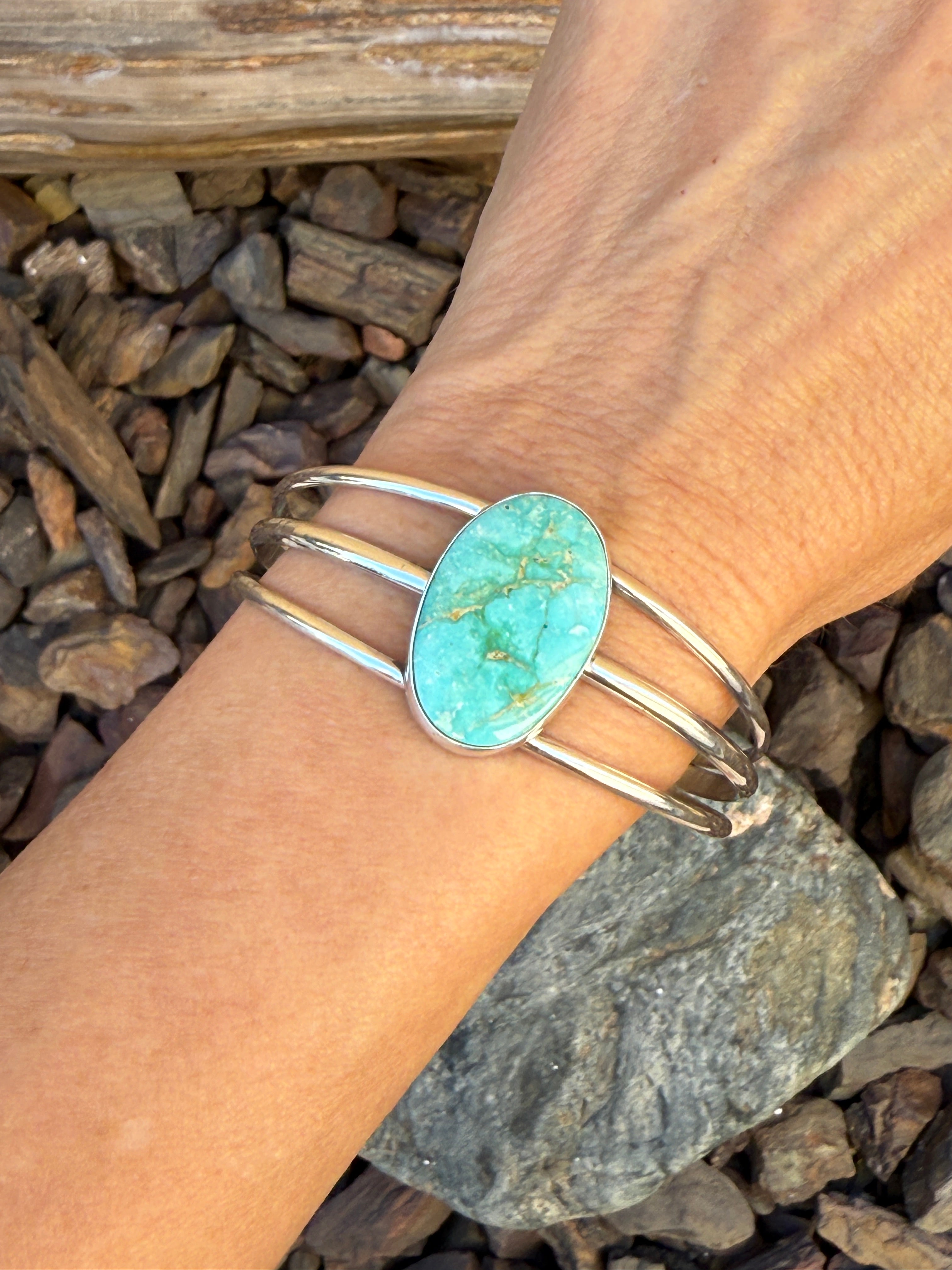 Handmade Plain Bezel Royston Turquoise Triple Wire Bracelet