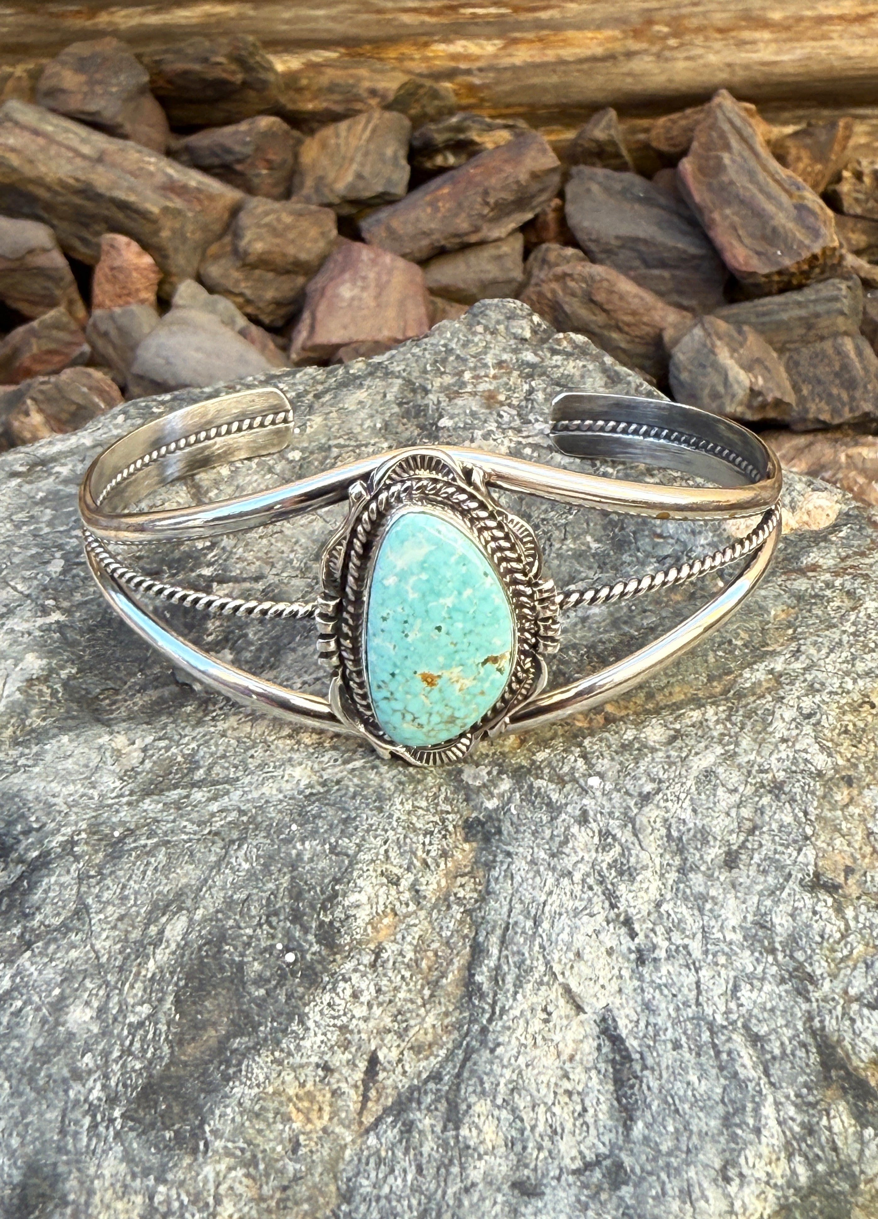 Signature Handmade Kingman Turquoise Triple Wire Bracelet with Stamp Trim