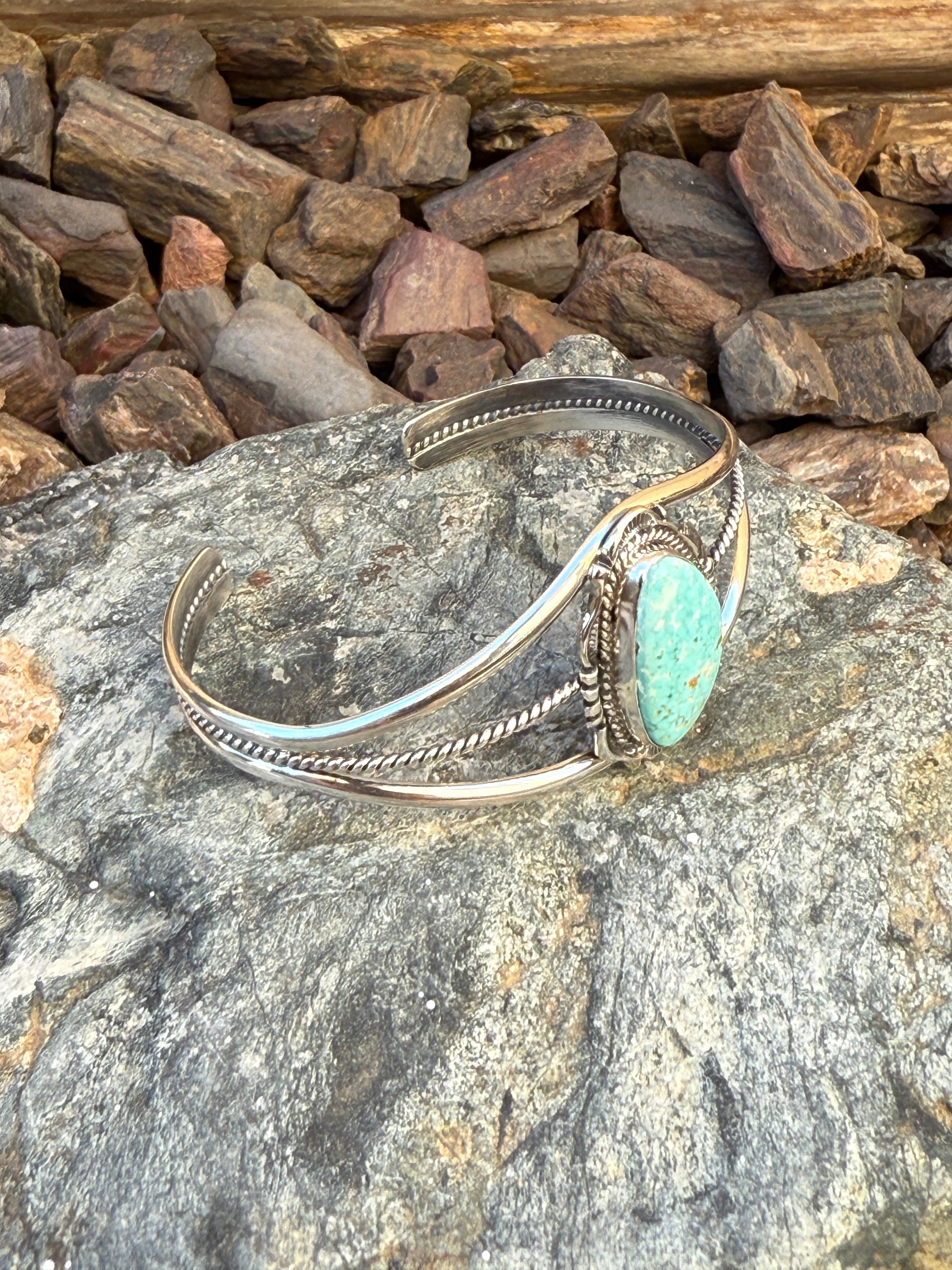 Signature Handmade Kingman Turquoise Triple Wire Bracelet with Stamp Trim