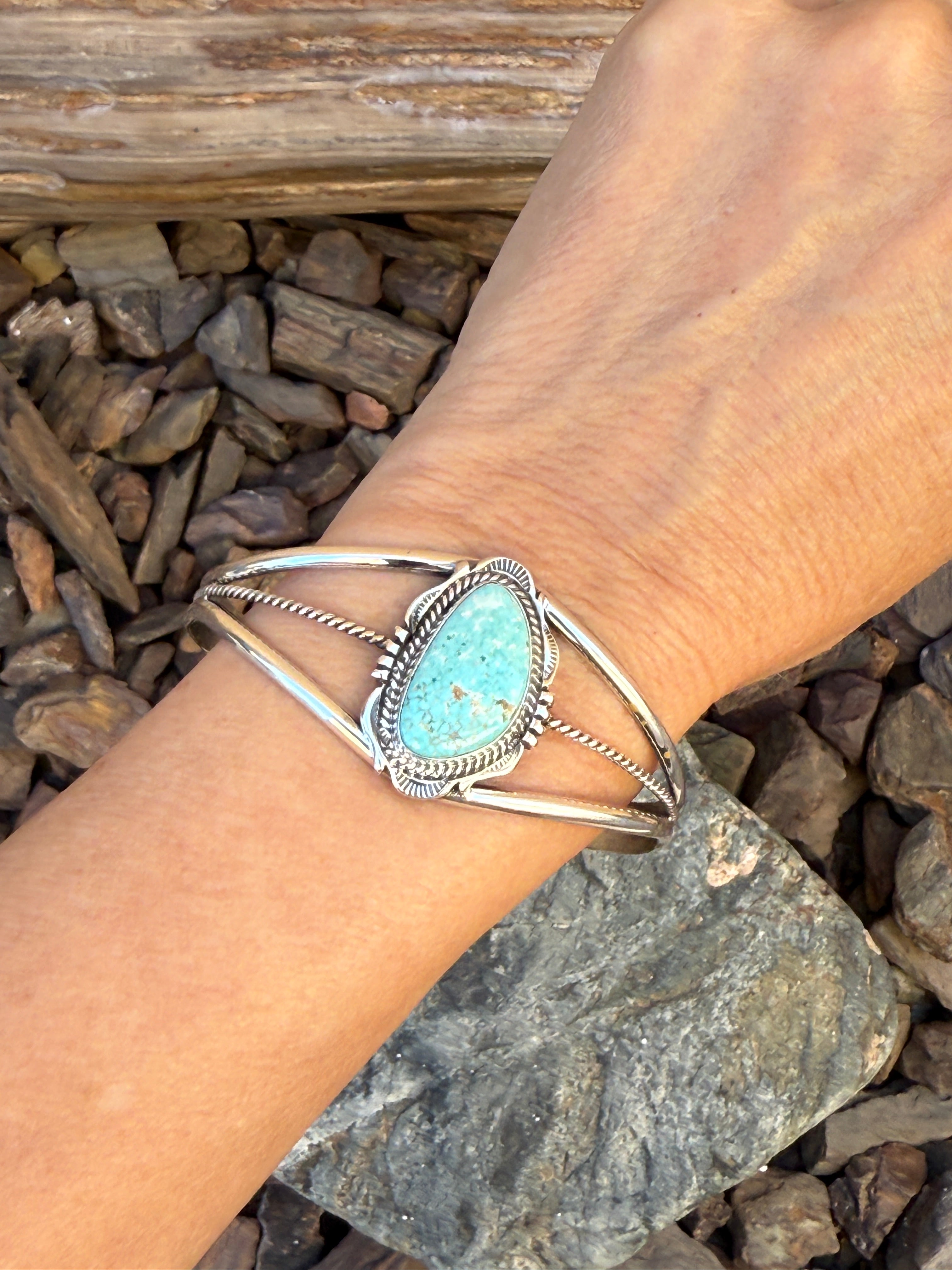 Signature Handmade Kingman Turquoise Triple Wire Bracelet with Stamp Trim