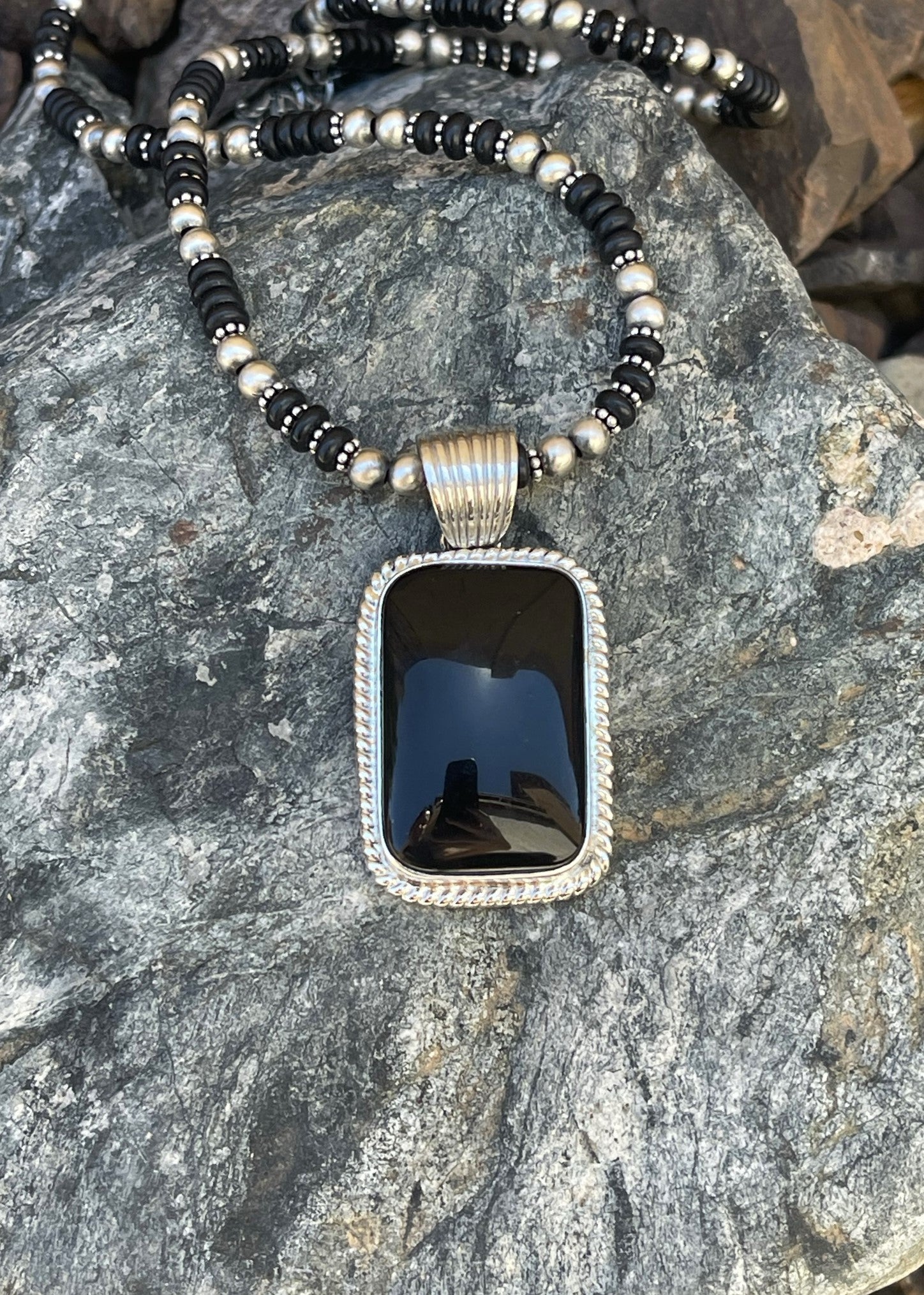 Handmade Sterling Silver Back Onyx Pendant and Beaded Necklace