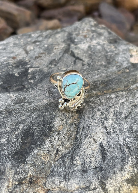 Handmade Solid Sterling Silver Golden Hill Turquoise Ring with Leaf Detail - Size 6