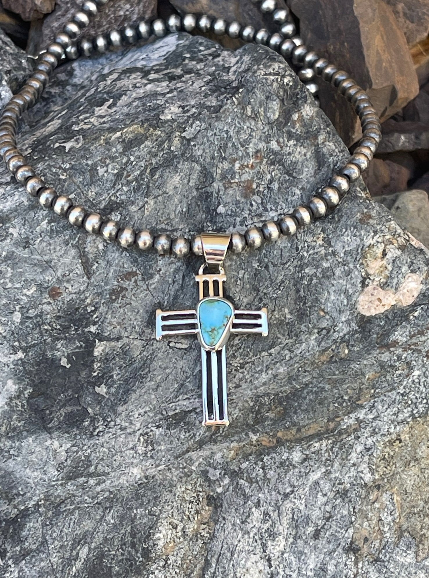 Handmade Solid Sterling Silver Turquoise Mountain Cross Pendant