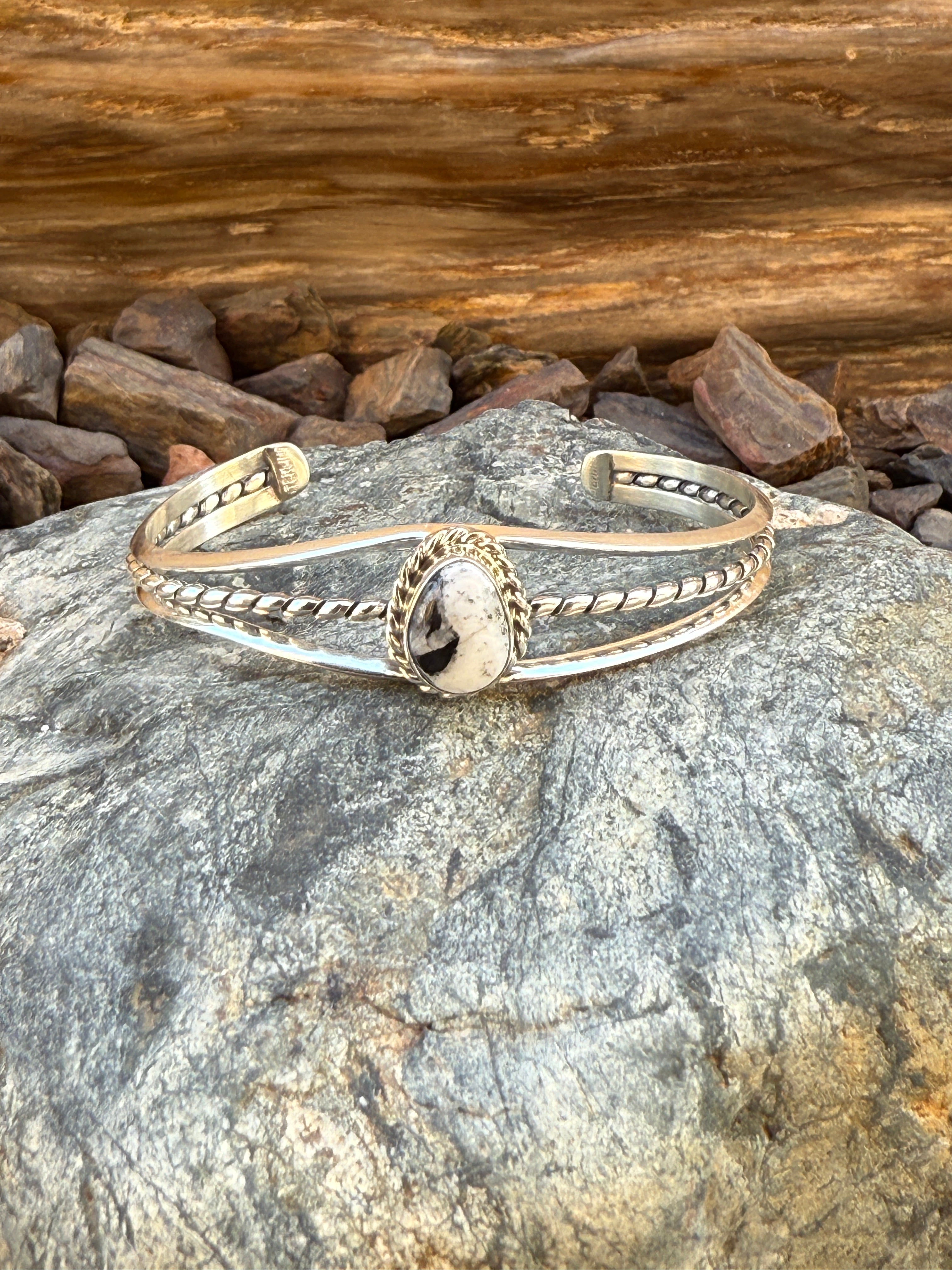 Small Handmade Sterling Silver Triple Wire White Buffalo Bracelet