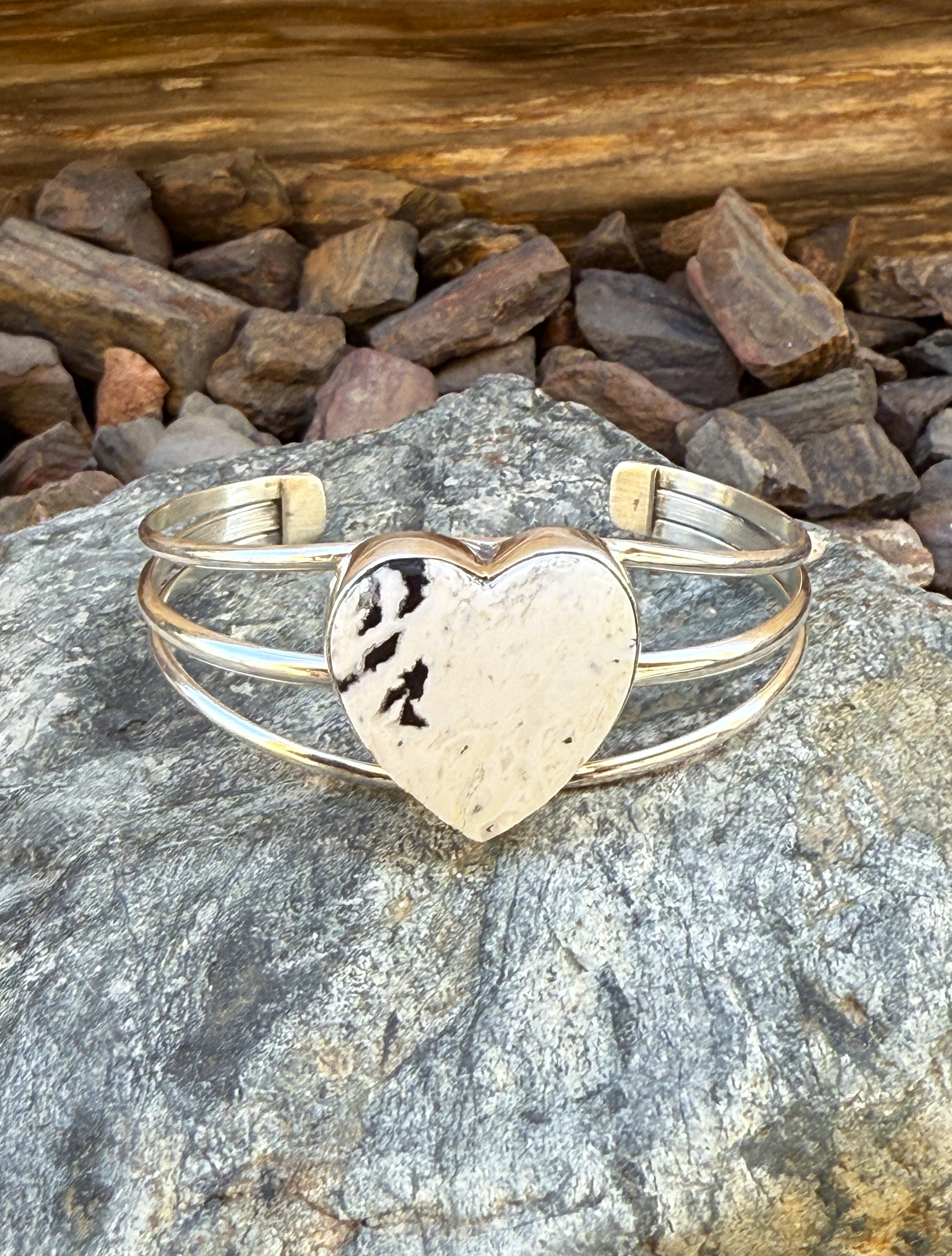 Handmade Sterling Silver Triple Wire White Buffalo Heart Bracelet