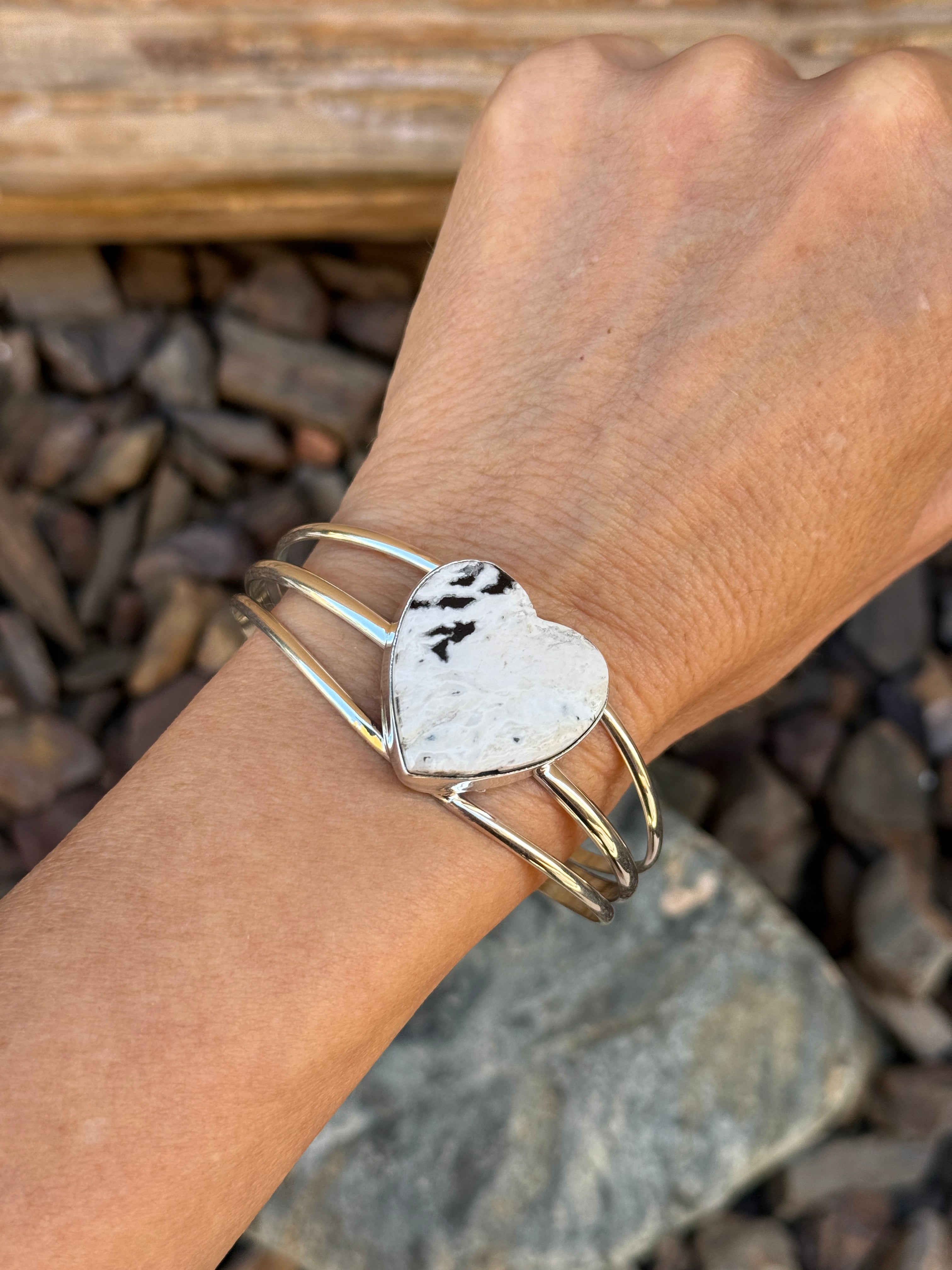 Handmade Sterling Silver Triple Wire White Buffalo Heart Bracelet