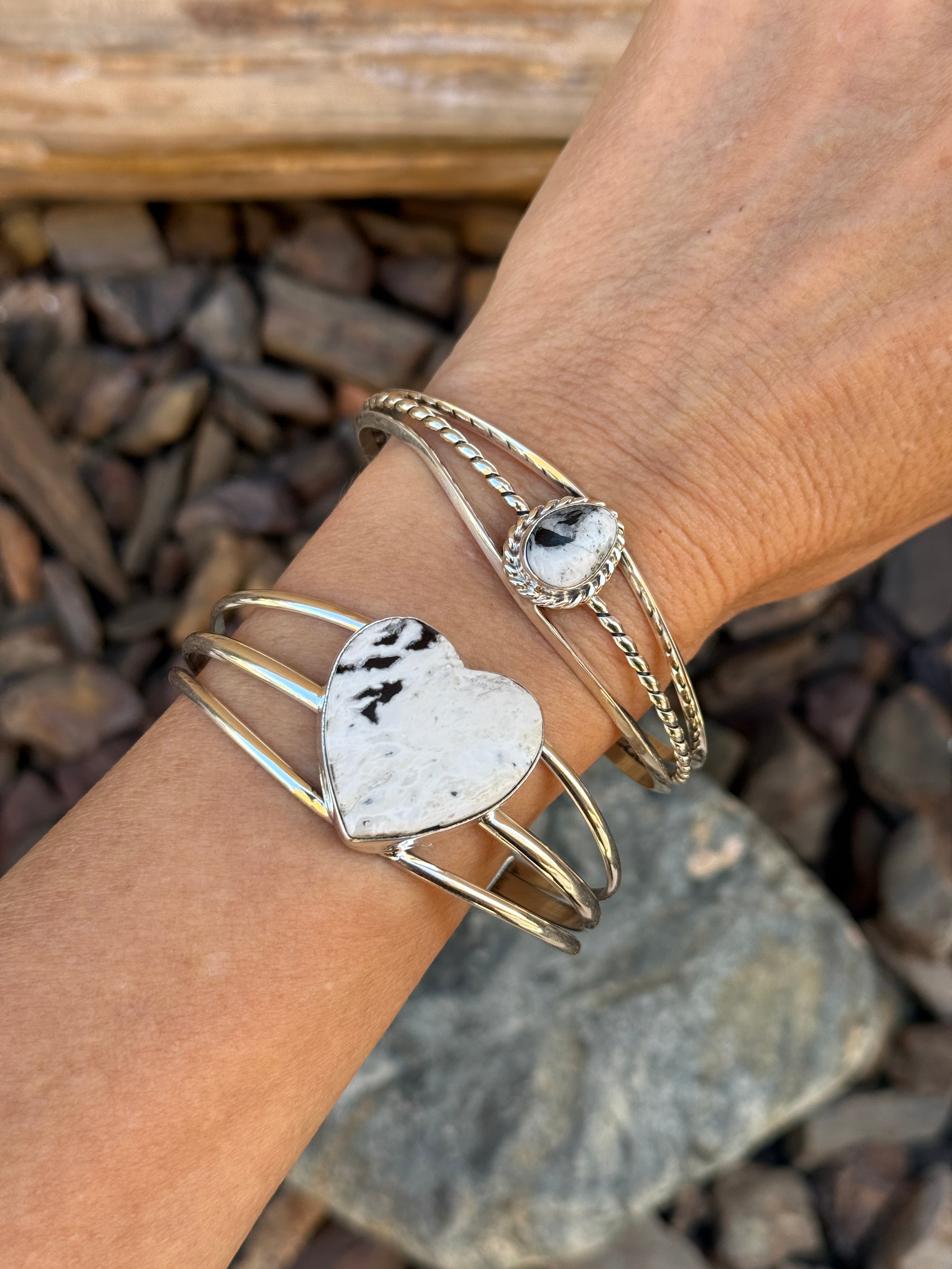 Handmade Sterling Silver Triple Wire White Buffalo Heart Bracelet