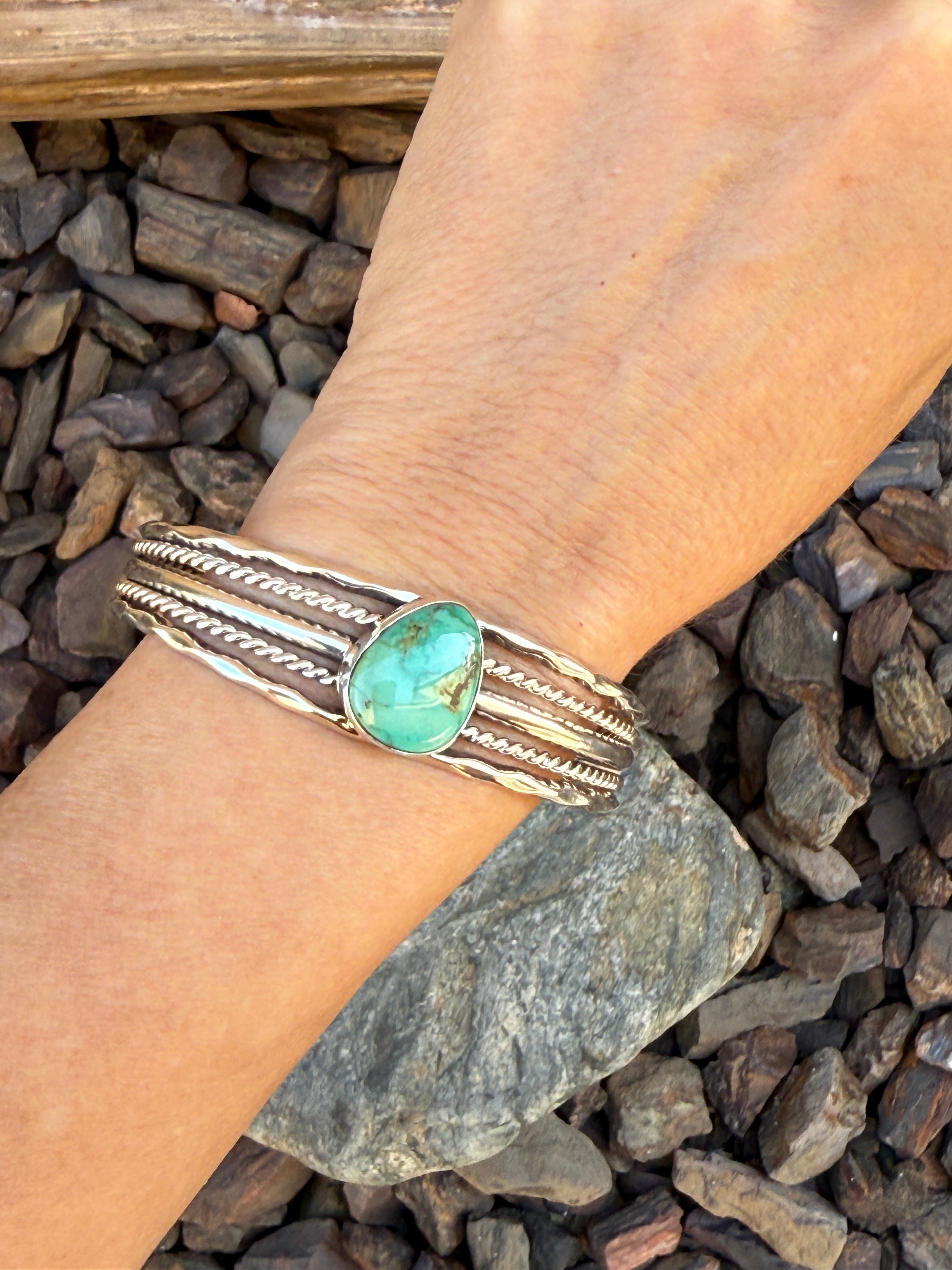 Handmade Sterling Silver Five Wire Twist Royston Turquoise Bracelet