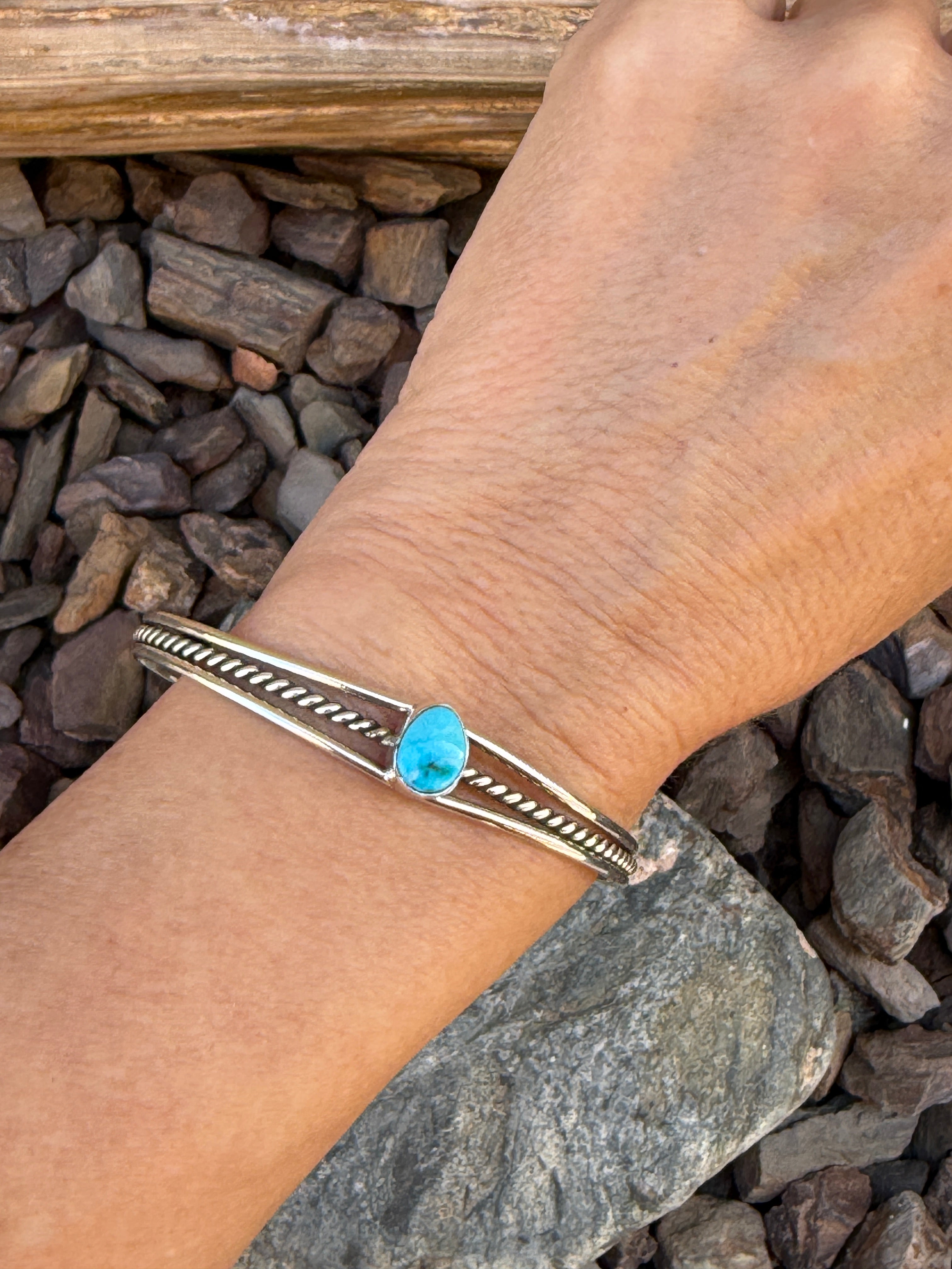 Skinny Stacker Style Handmade Sterling Silver Triple Wire Turquoise Bracelet