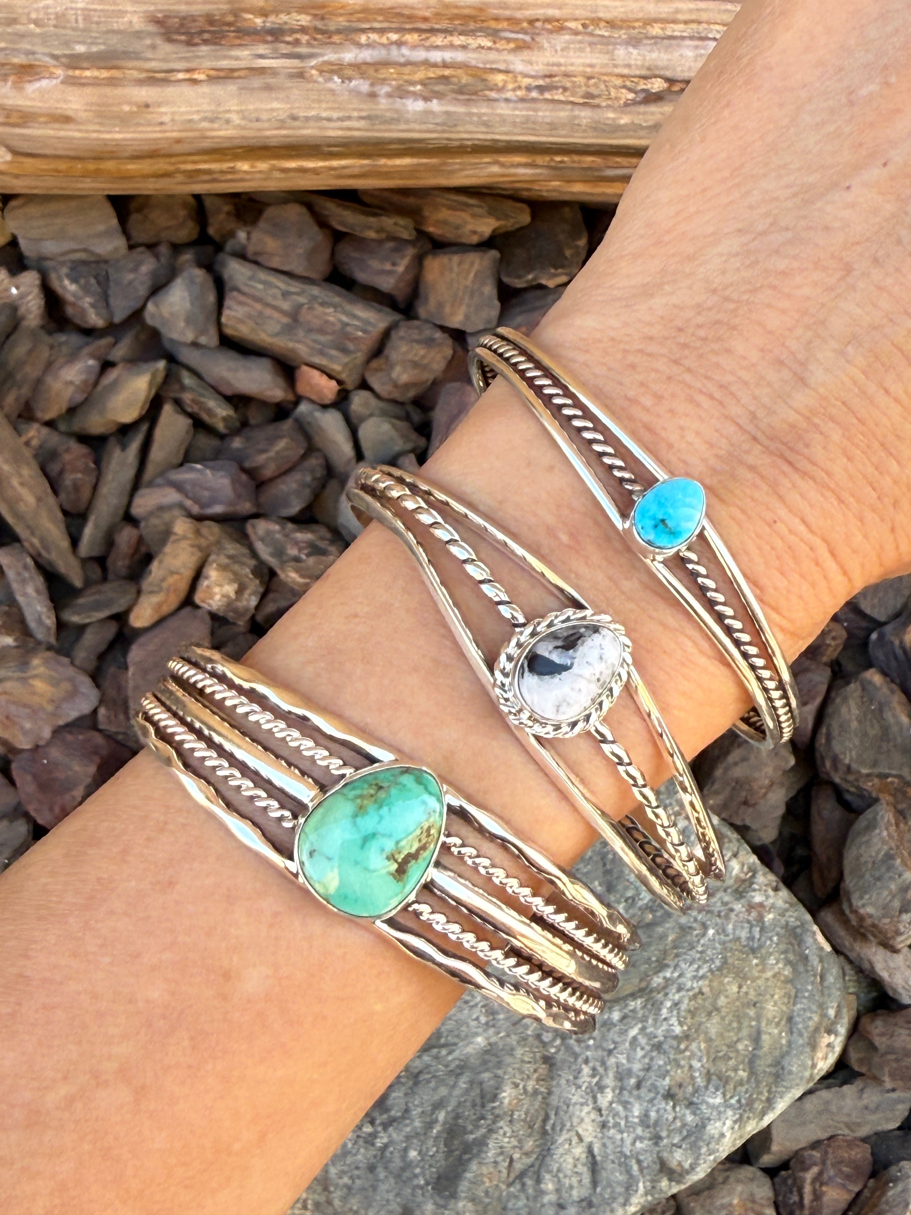 Skinny Stacker Style Handmade Sterling Silver Triple Wire Turquoise Bracelet