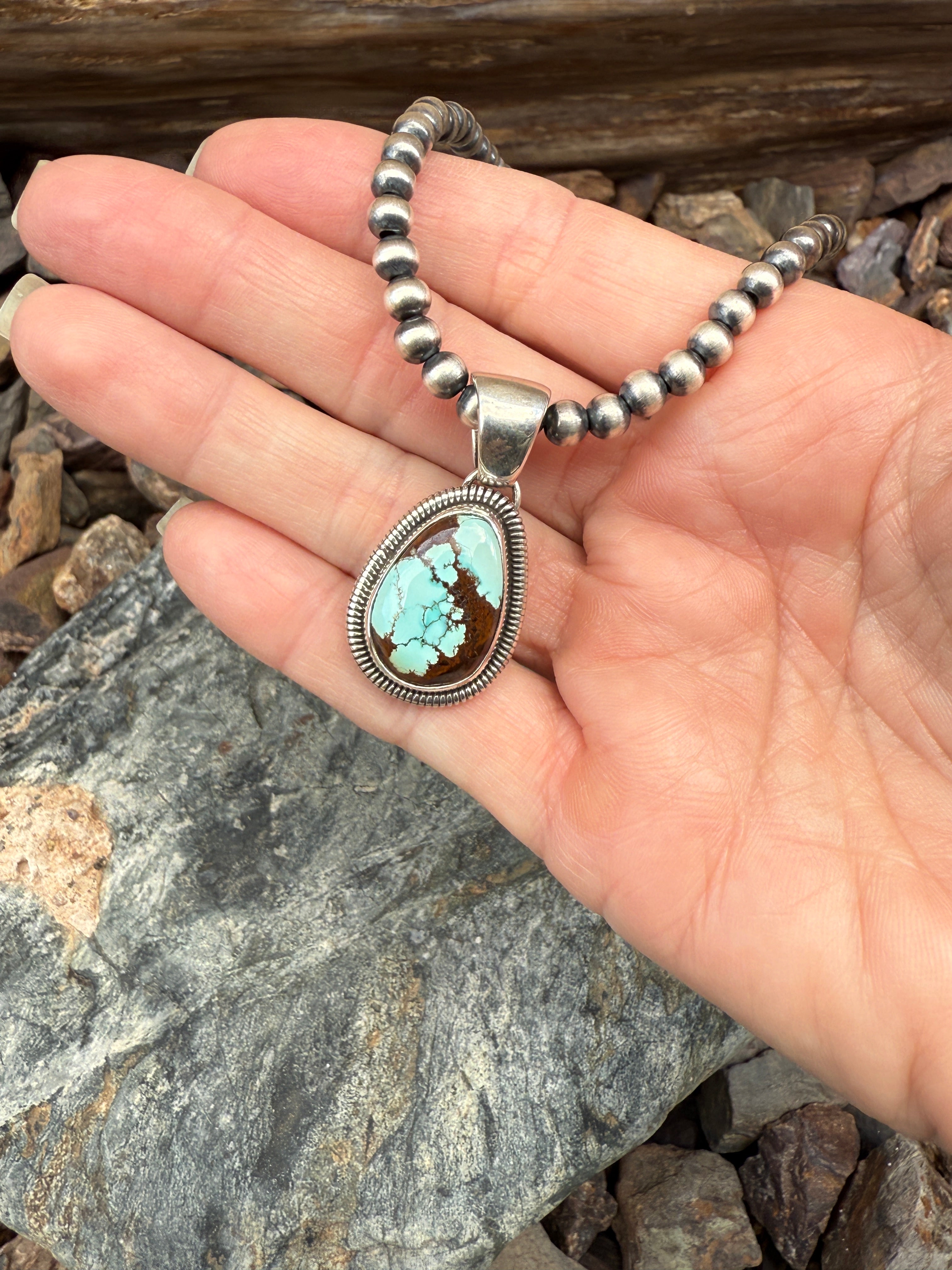 Handmade Sterling Silver Number Eight Turquoise Pendant with Coil Trim