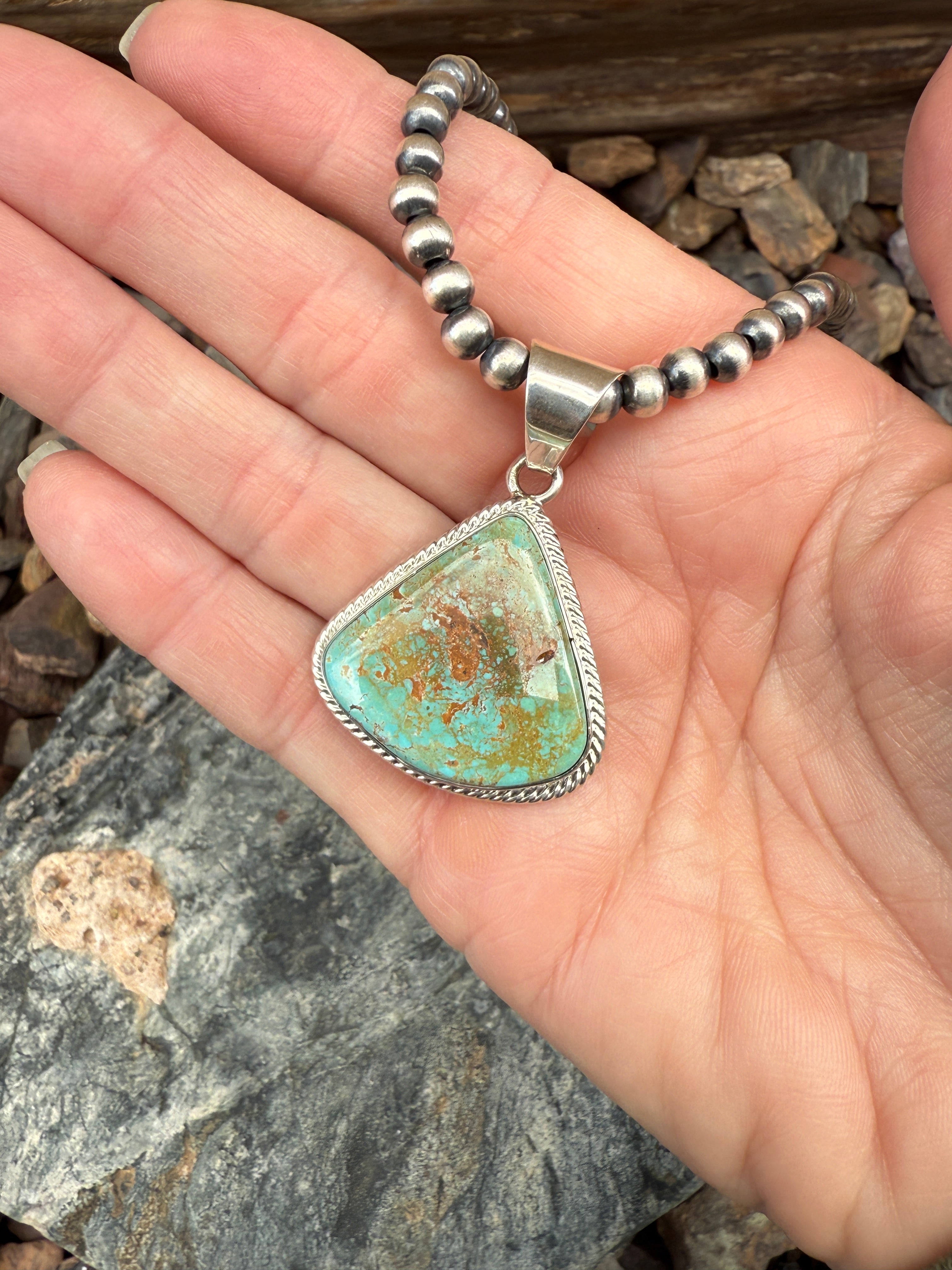 Handmade Sterling Silver Kingman Turquoise Wide Tear Drop Pendant