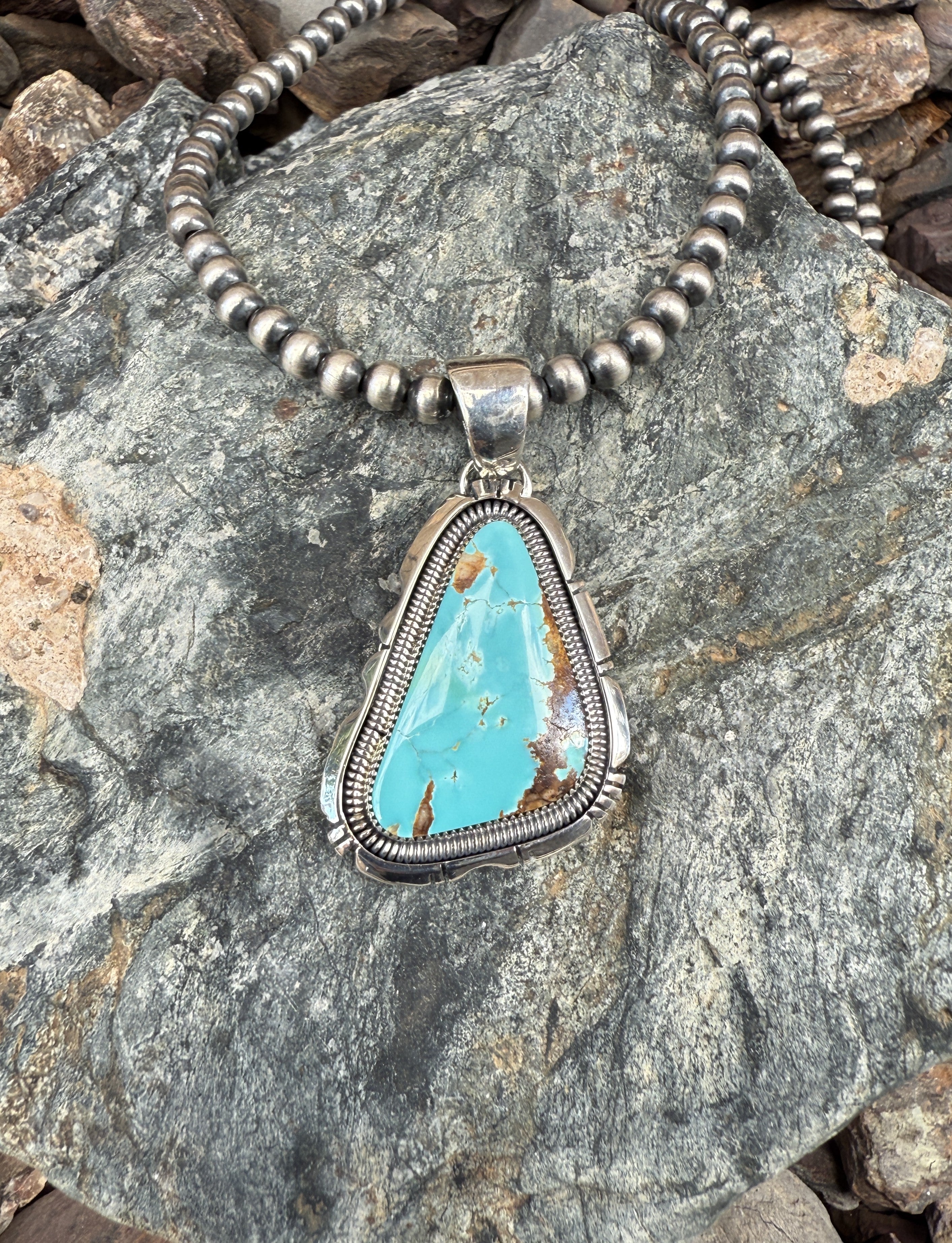 Handmade Sterling Silver Kingman Turquoise Pendant with Coil Trim