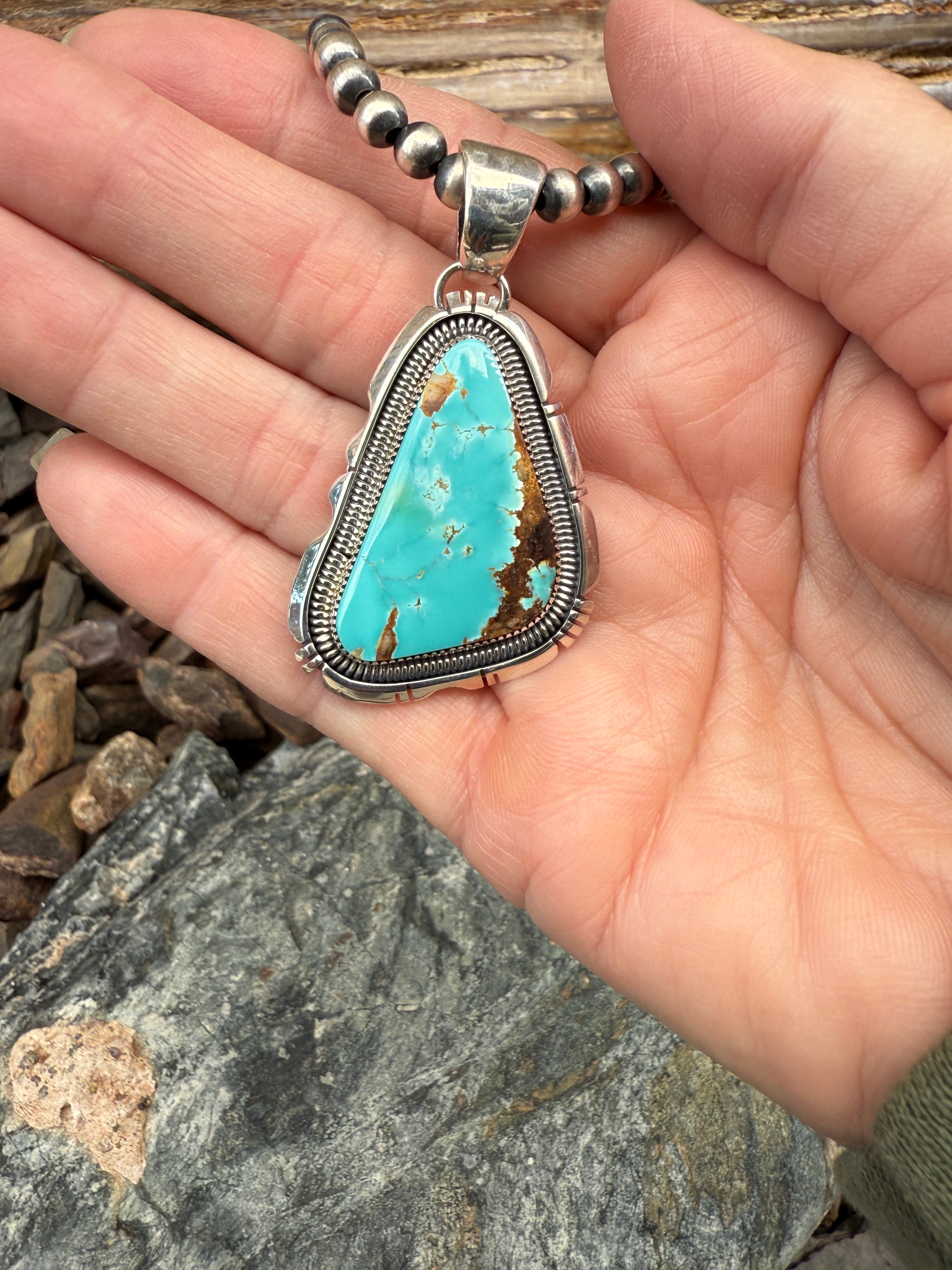 Handmade Sterling Silver Kingman Turquoise Pendant with Coil Trim