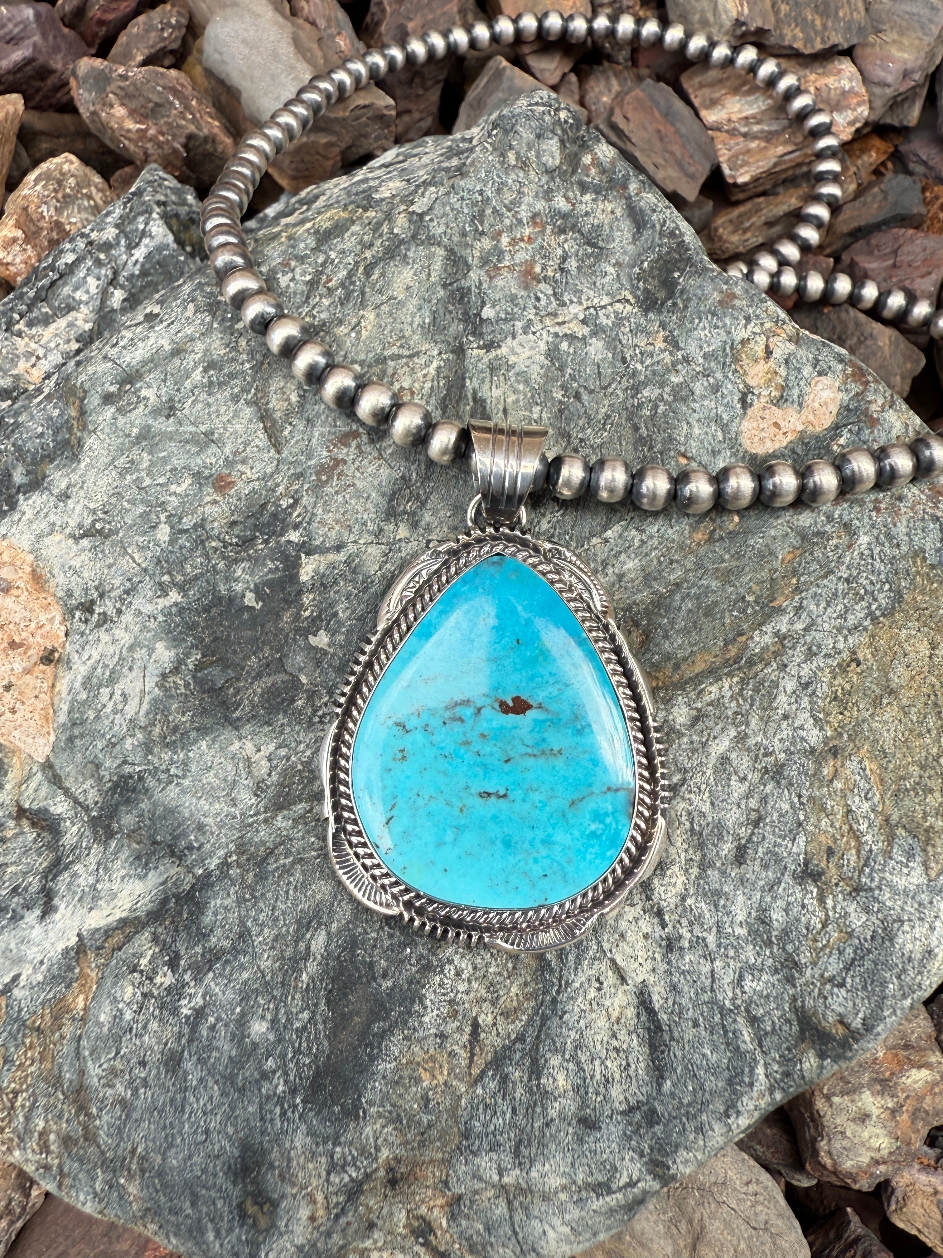 Large Handmade Sterling Silver Kingman Turquoise Tear Drop Pendant