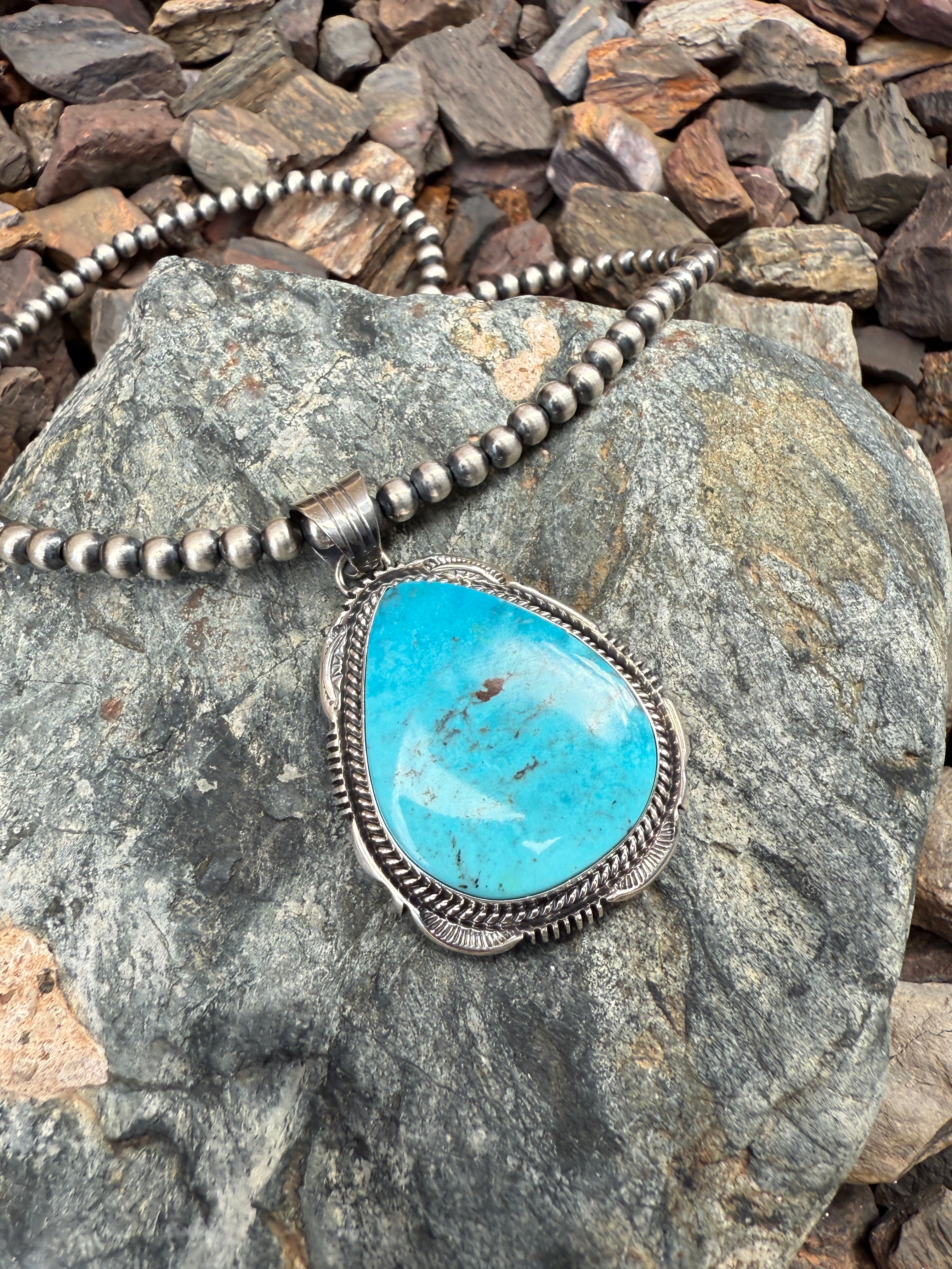 Large Handmade Sterling Silver Kingman Turquoise Tear Drop Pendant