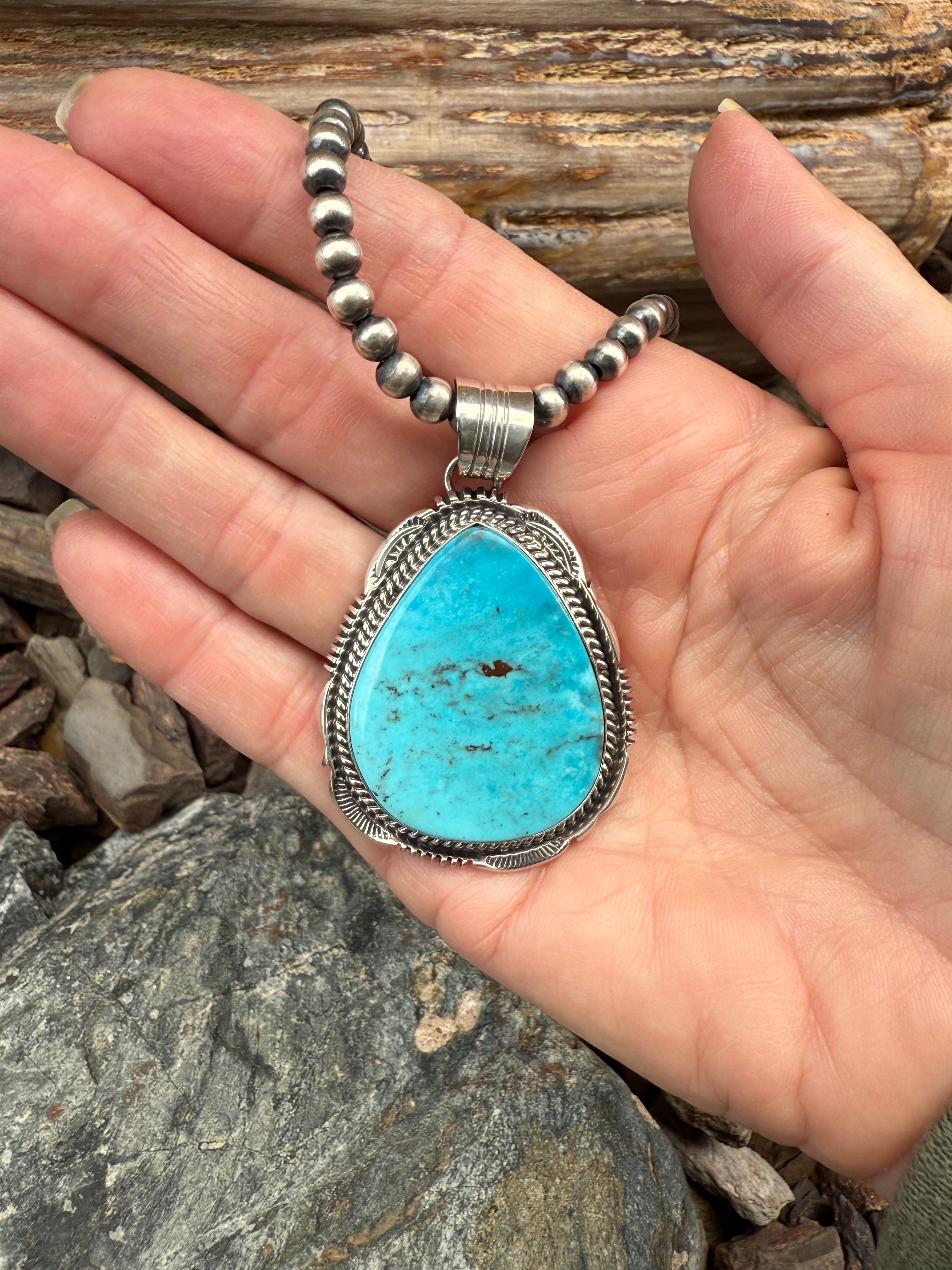 Large Handmade Sterling Silver Kingman Turquoise Tear Drop Pendant