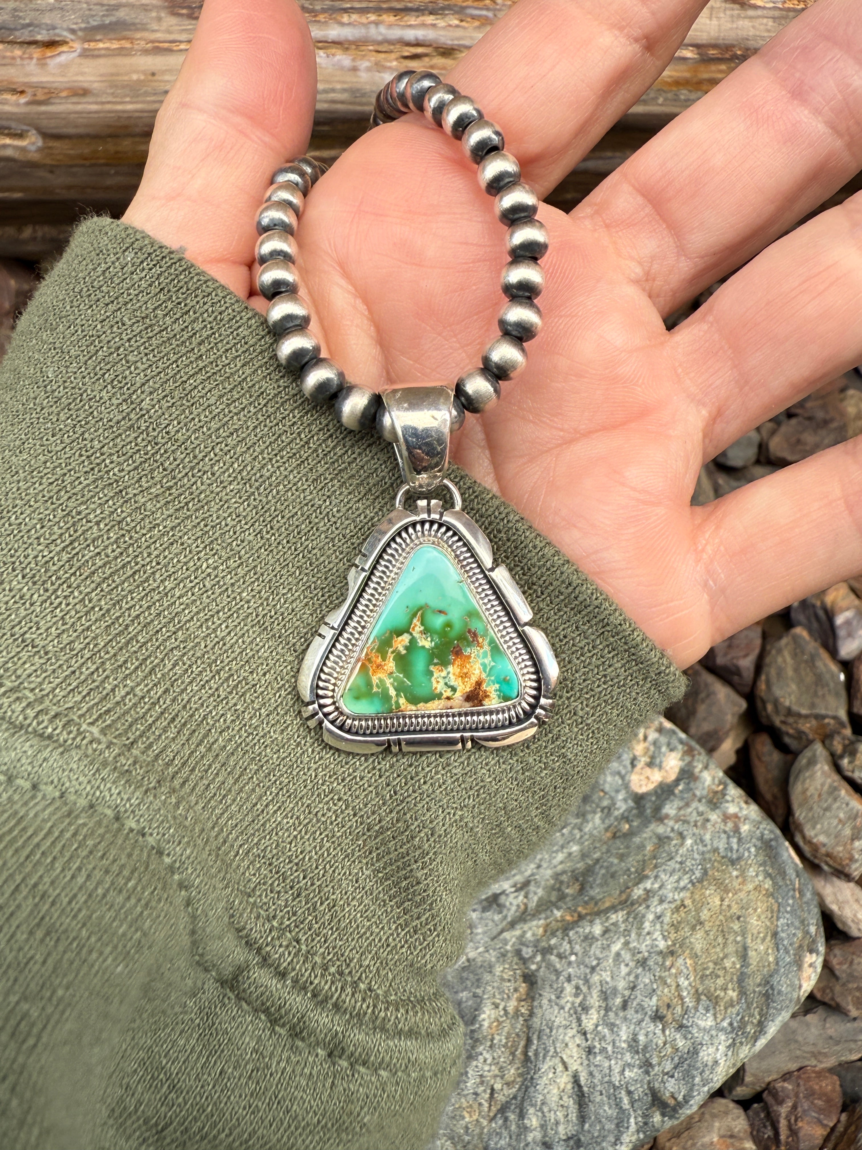 Handmade Sterling Silver Triangle Cut Royston Turquoise Pendant with Coil Trim