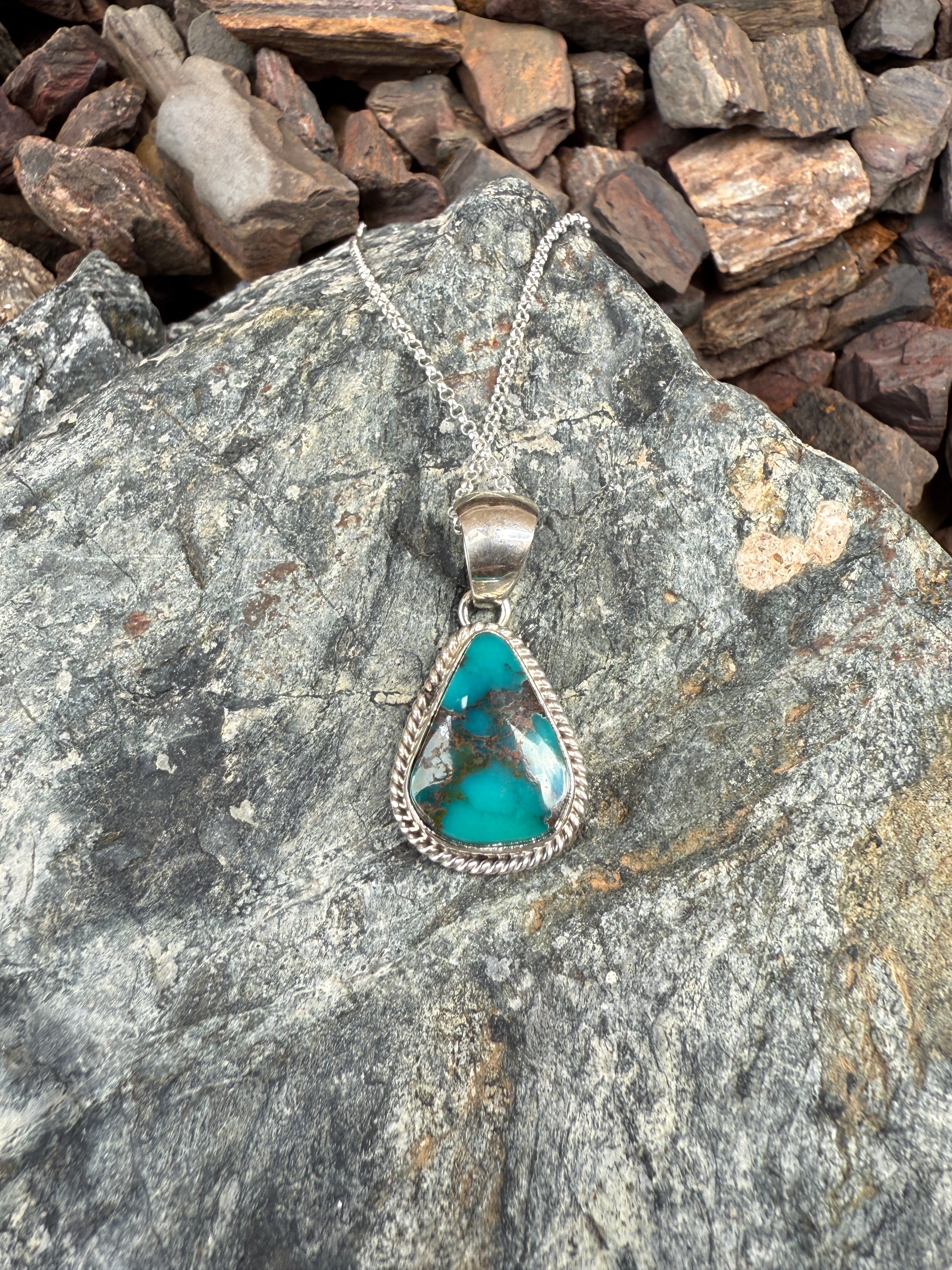 Handmade Sterling Silver Kingman Turquoise Tear Drop Necklace