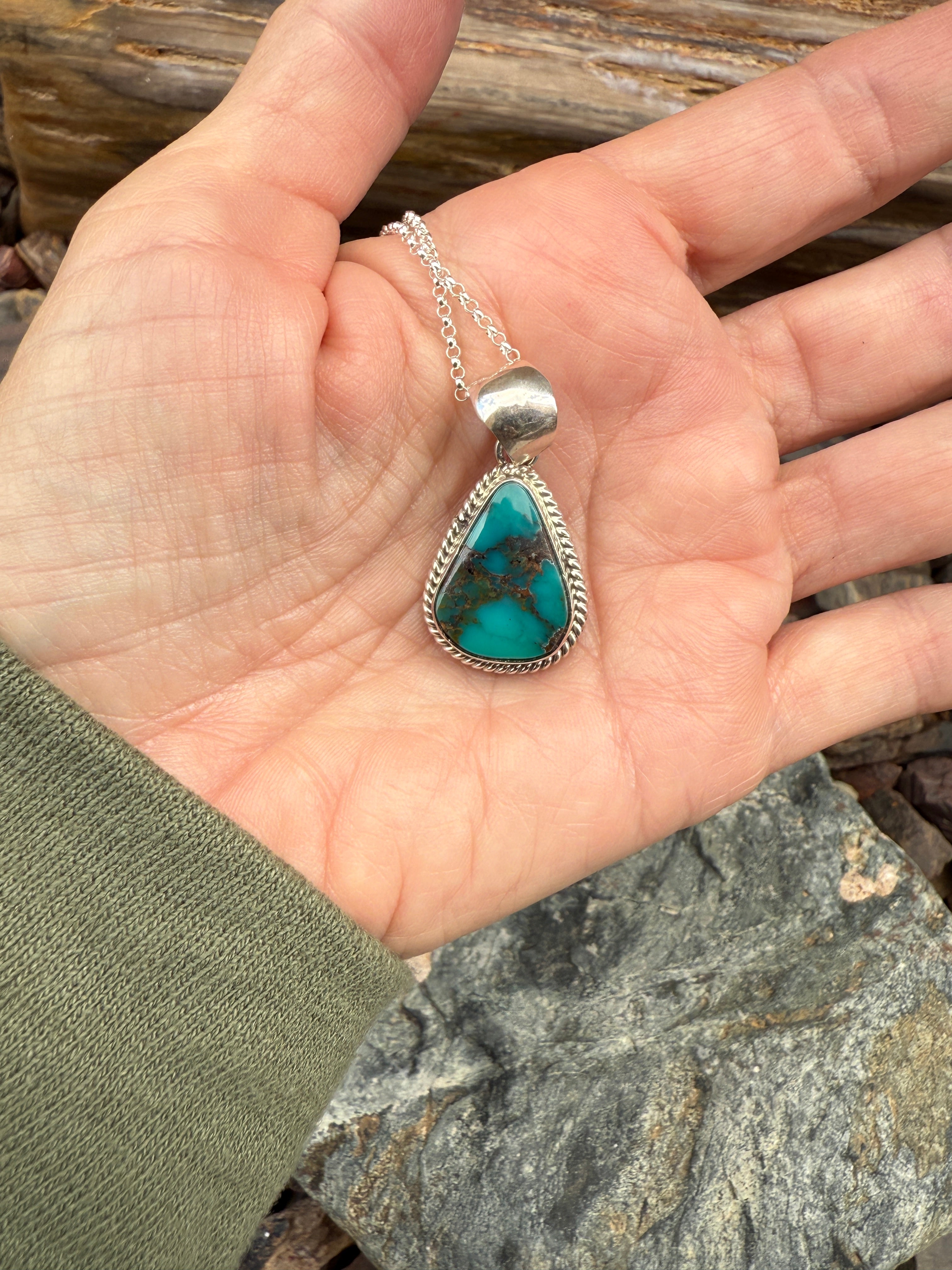 Handmade Sterling Silver Kingman Turquoise Tear Drop Necklace