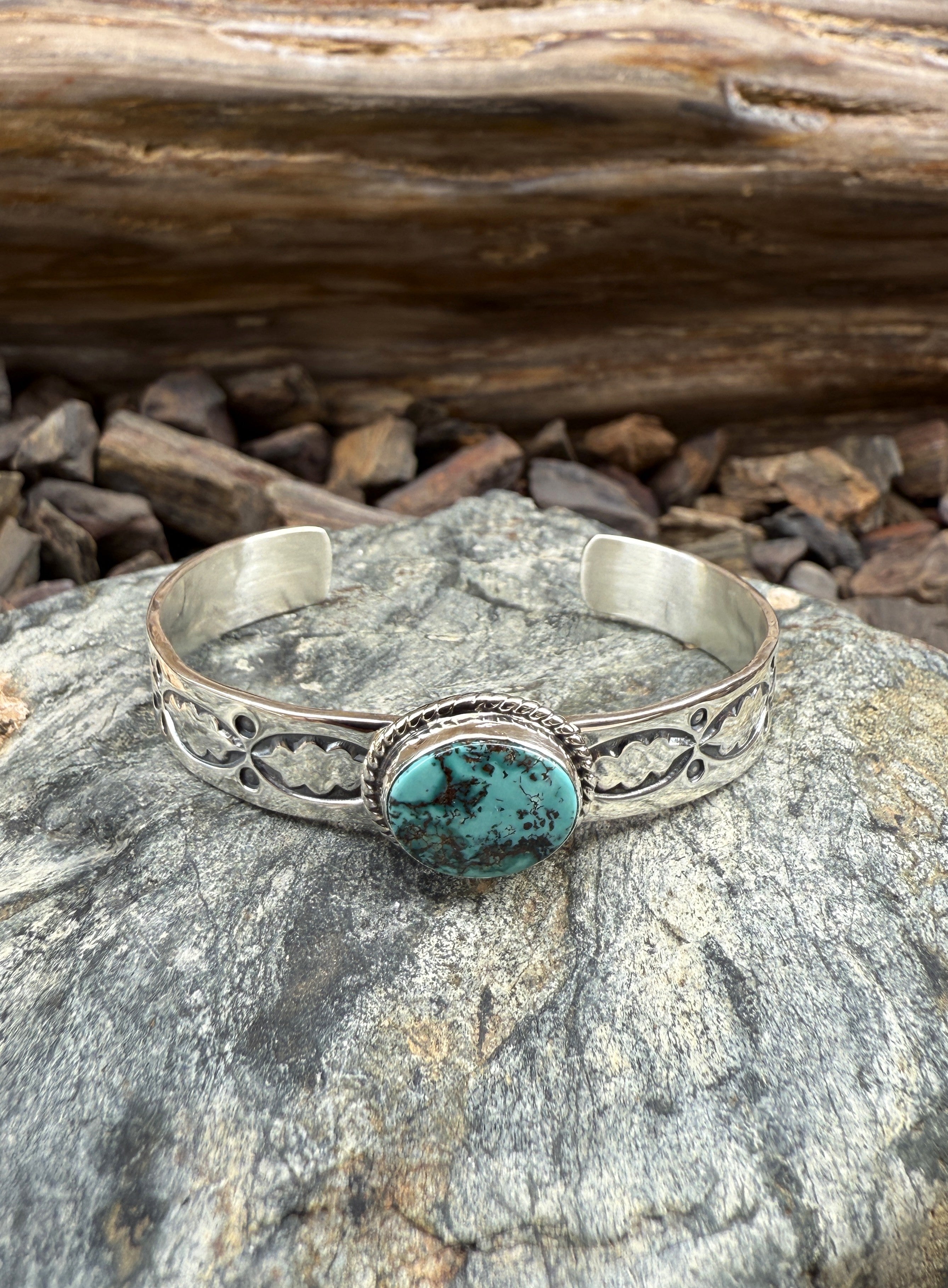Handmade Sterling Silver Turquoise Wide Stacker Bracelet with Stamp Detail