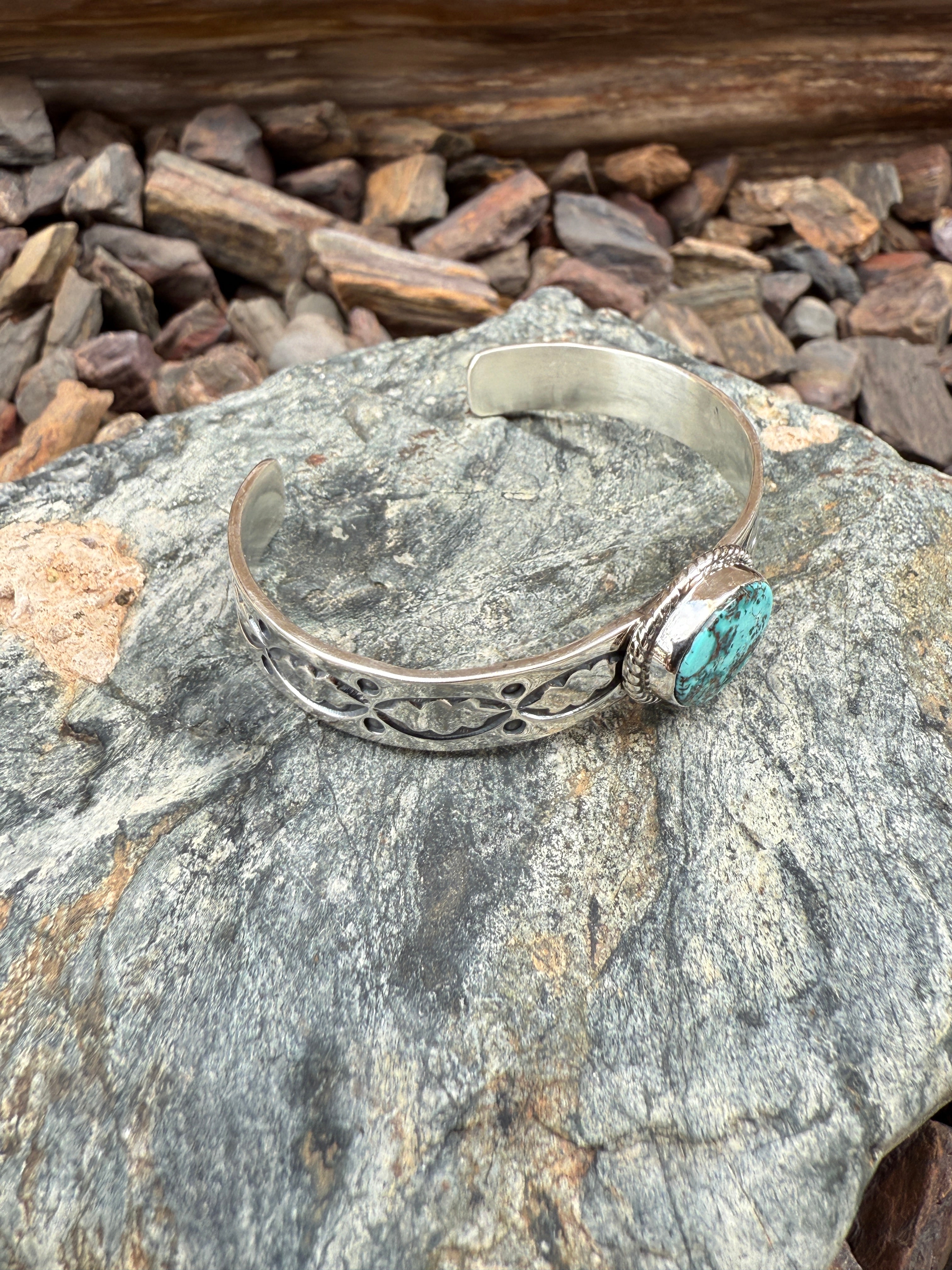 Handmade Sterling Silver Turquoise Wide Stacker Bracelet with Stamp Detail