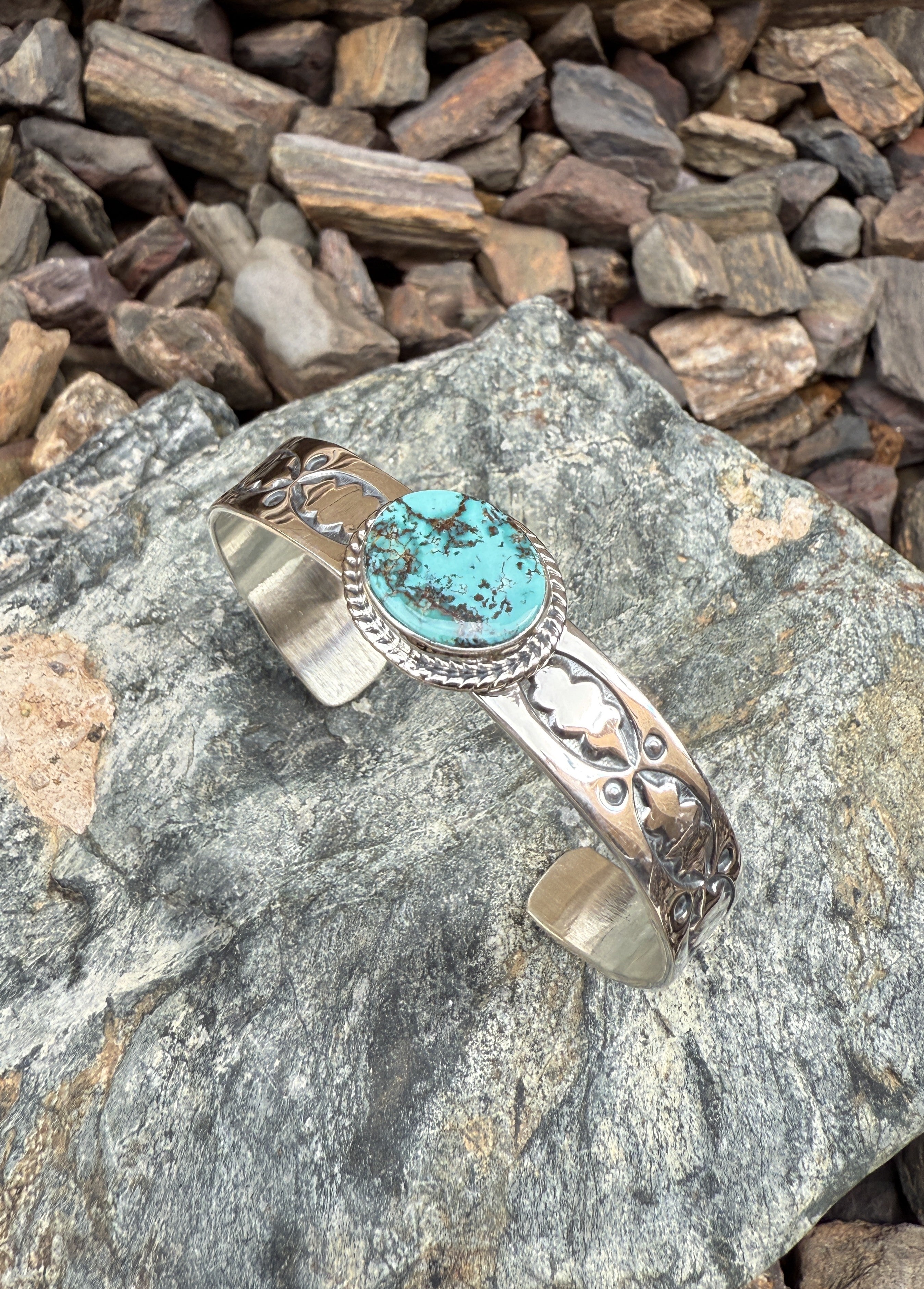 Handmade Sterling Silver Turquoise Wide Stacker Bracelet with Stamp Detail